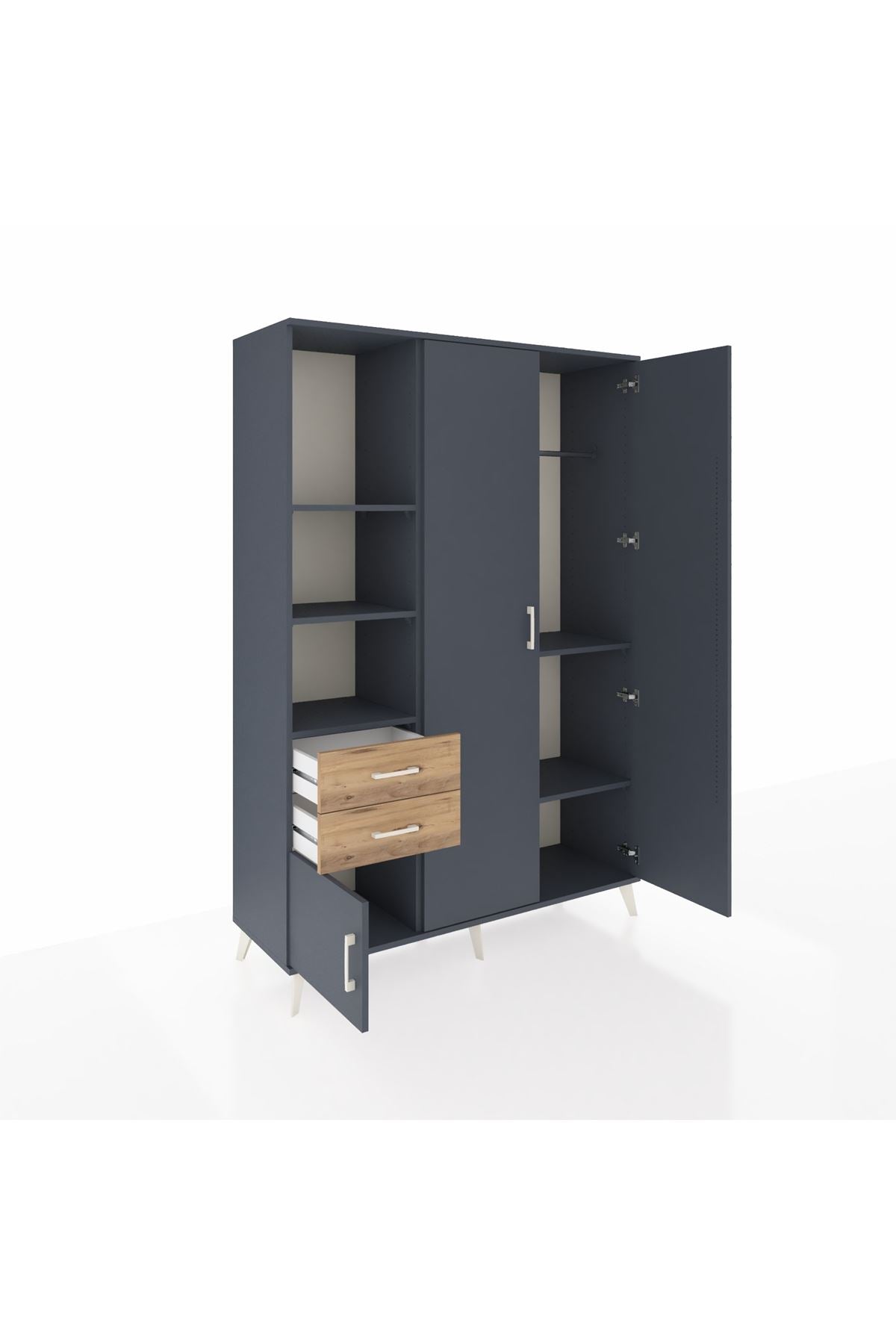 Hyperion Dolap 5 Raflı 2 Çekmeceli Tek Askılı 132x44x195 Antrasit-Antrasit/Çam