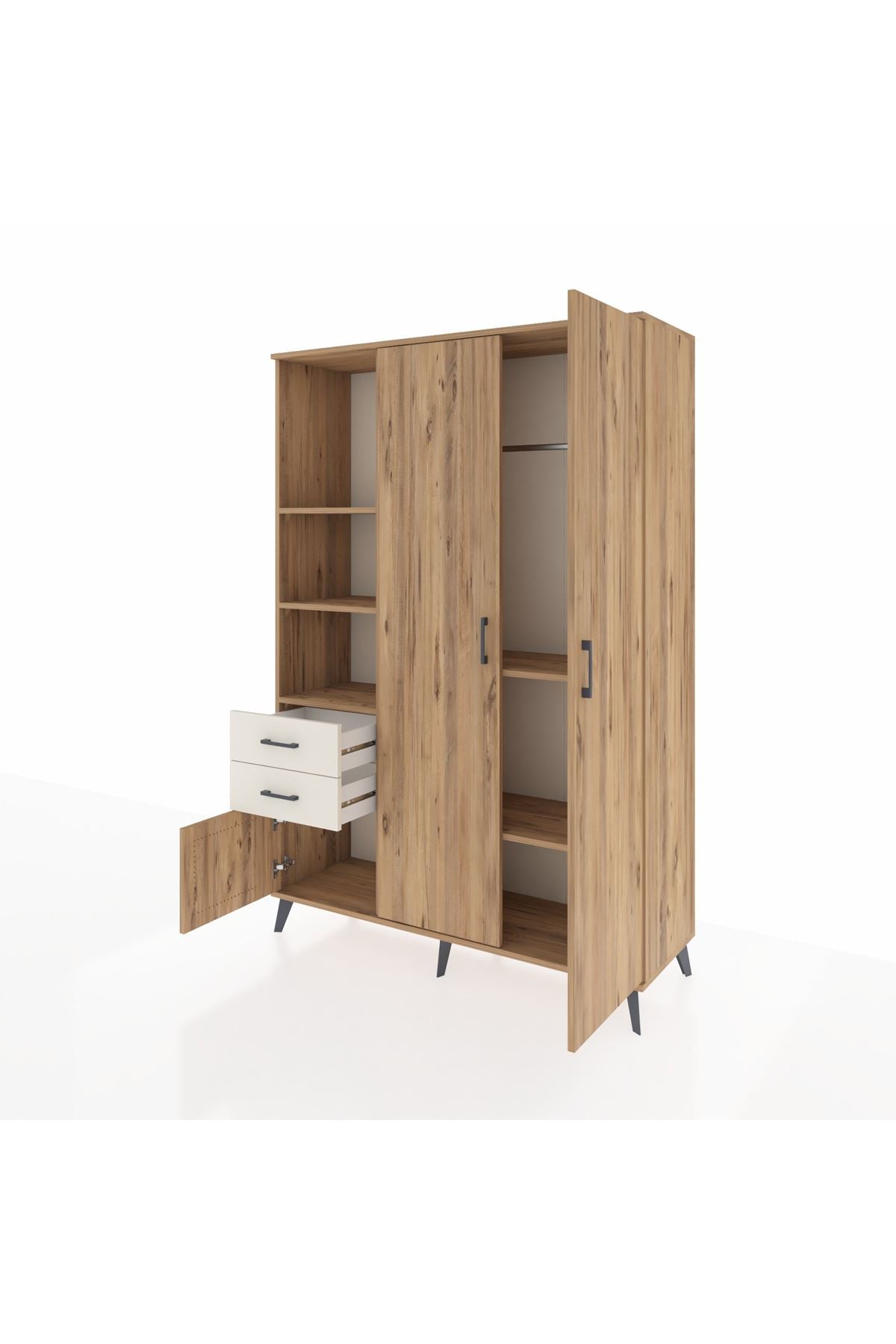 Hyperion Dolap 5 Raflı 2 Çekmeceli Tek Askılı 132x44x195 Çam-Çam/Aytaşı