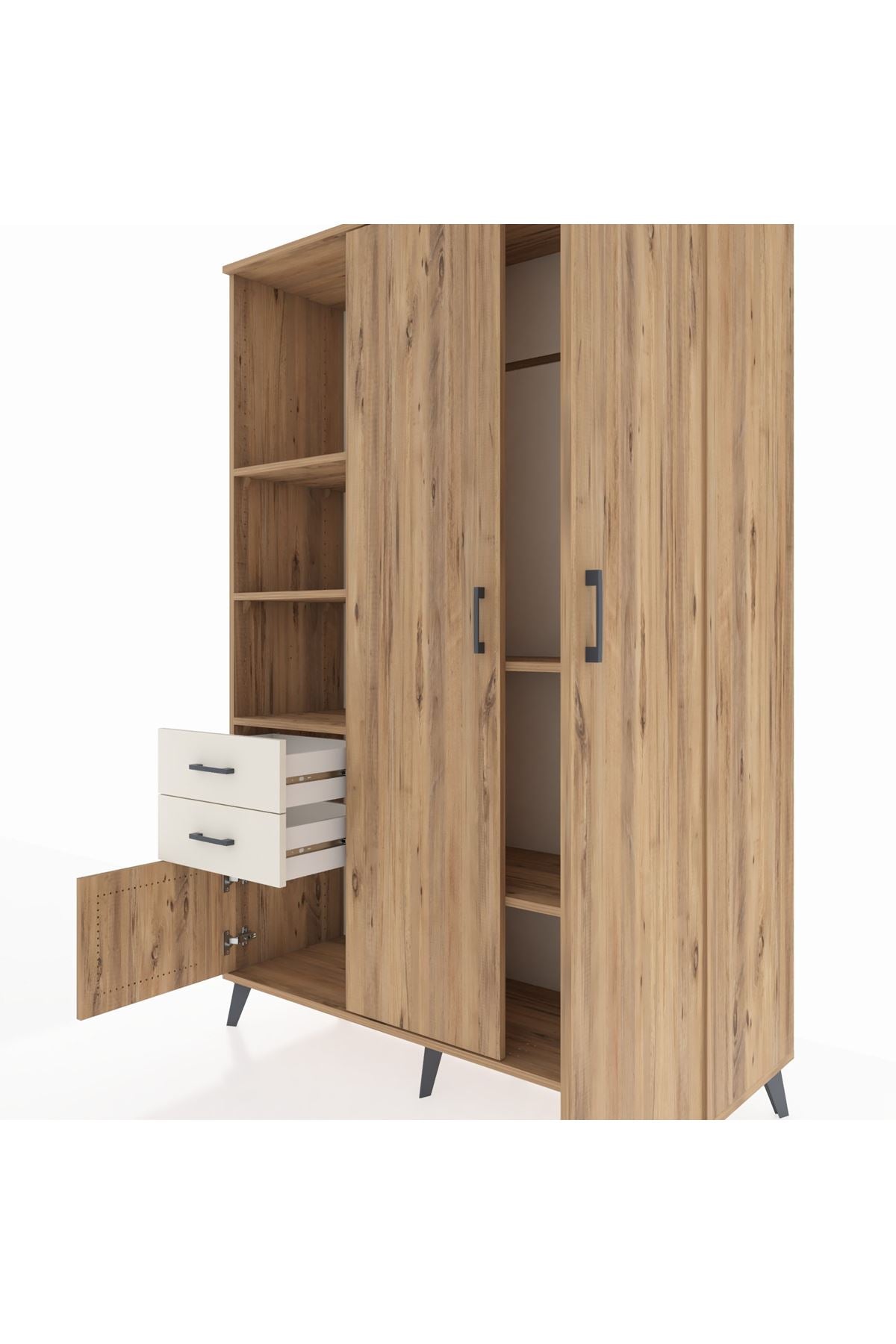 Hyperion Dolap 5 Raflı 2 Çekmeceli Tek Askılı 132x44x195 Çam-Çam/Aytaşı