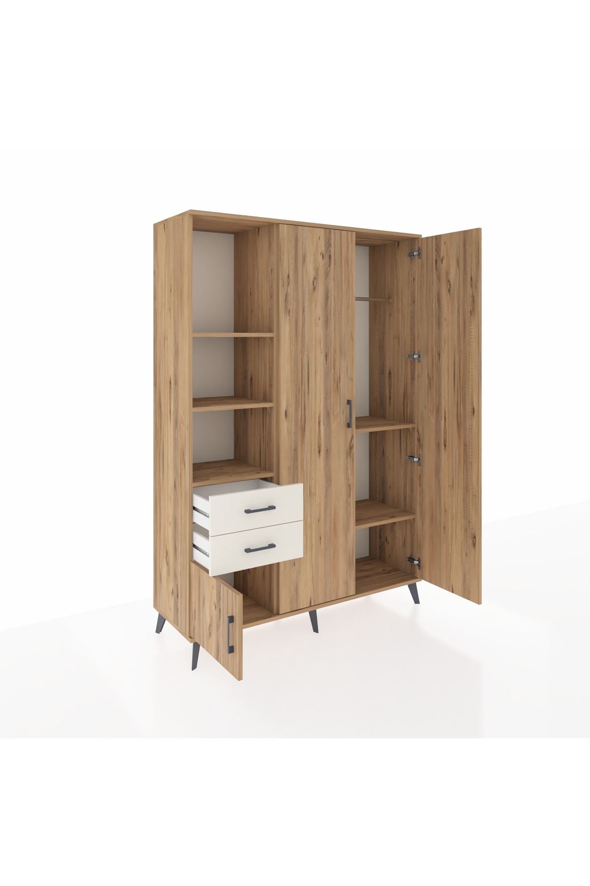 Hyperion Dolap 5 Raflı 2 Çekmeceli Tek Askılı 132x44x195 Çam-Çam/Aytaşı