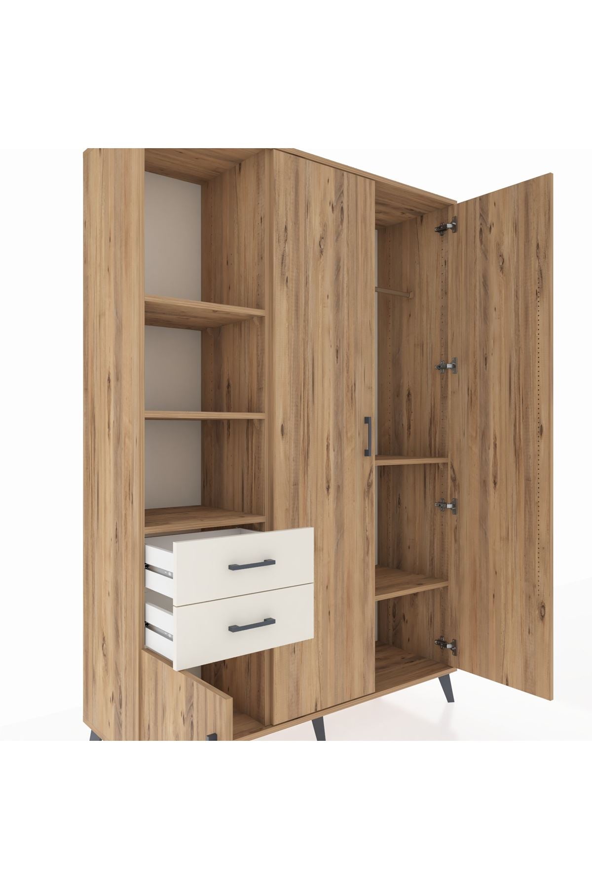 Hyperion Dolap 5 Raflı 2 Çekmeceli Tek Askılı 132x44x195 Çam-Çam/Aytaşı