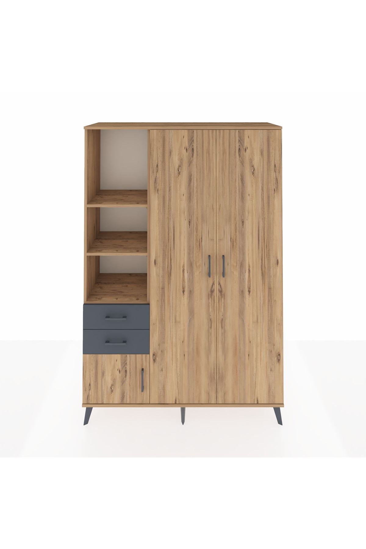 Hyperion Dolap 5 Raflı 2 Çekmeceli Tek Askılı 132x44x195 Çam-Çam/Antrasit