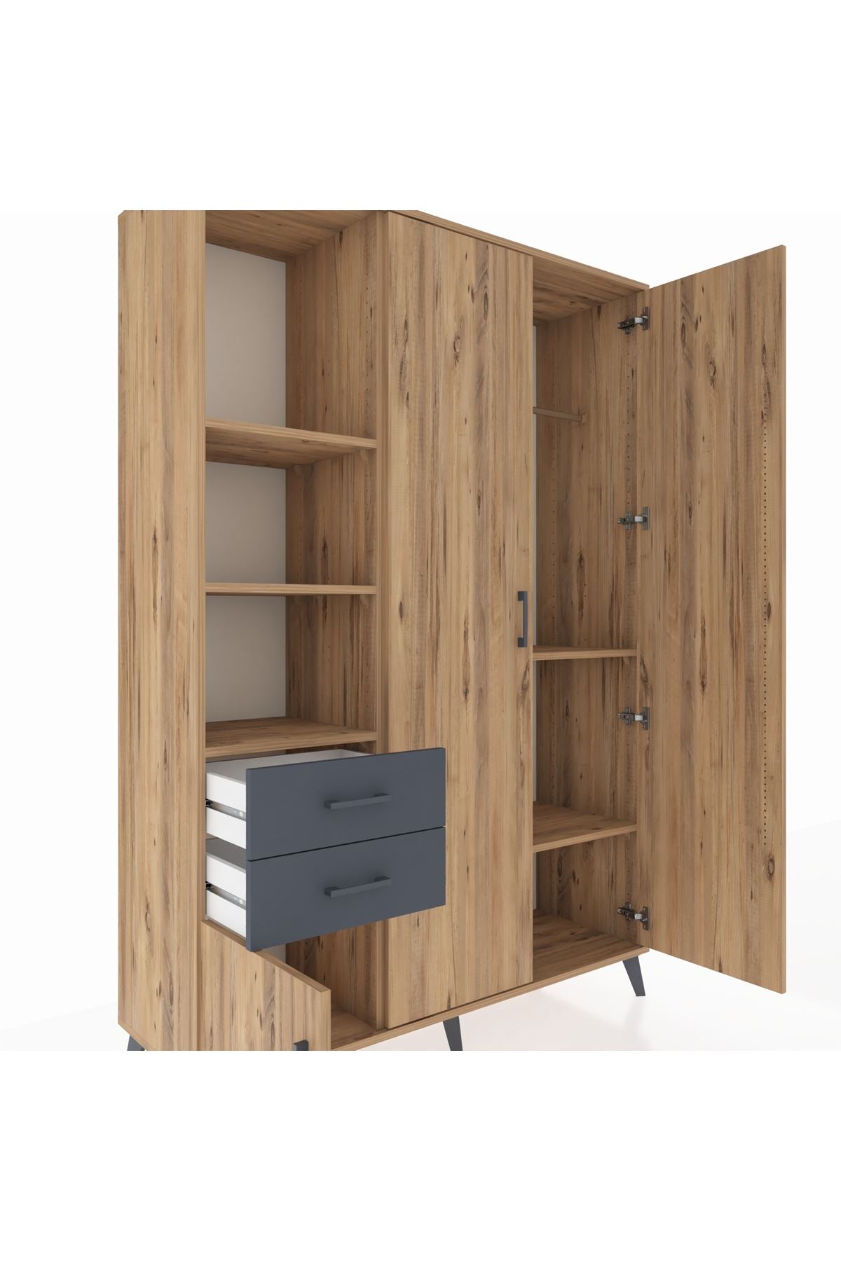Hyperion Dolap 5 Raflı 2 Çekmeceli Tek Askılı 132x44x195 Çam-Çam/Antrasit