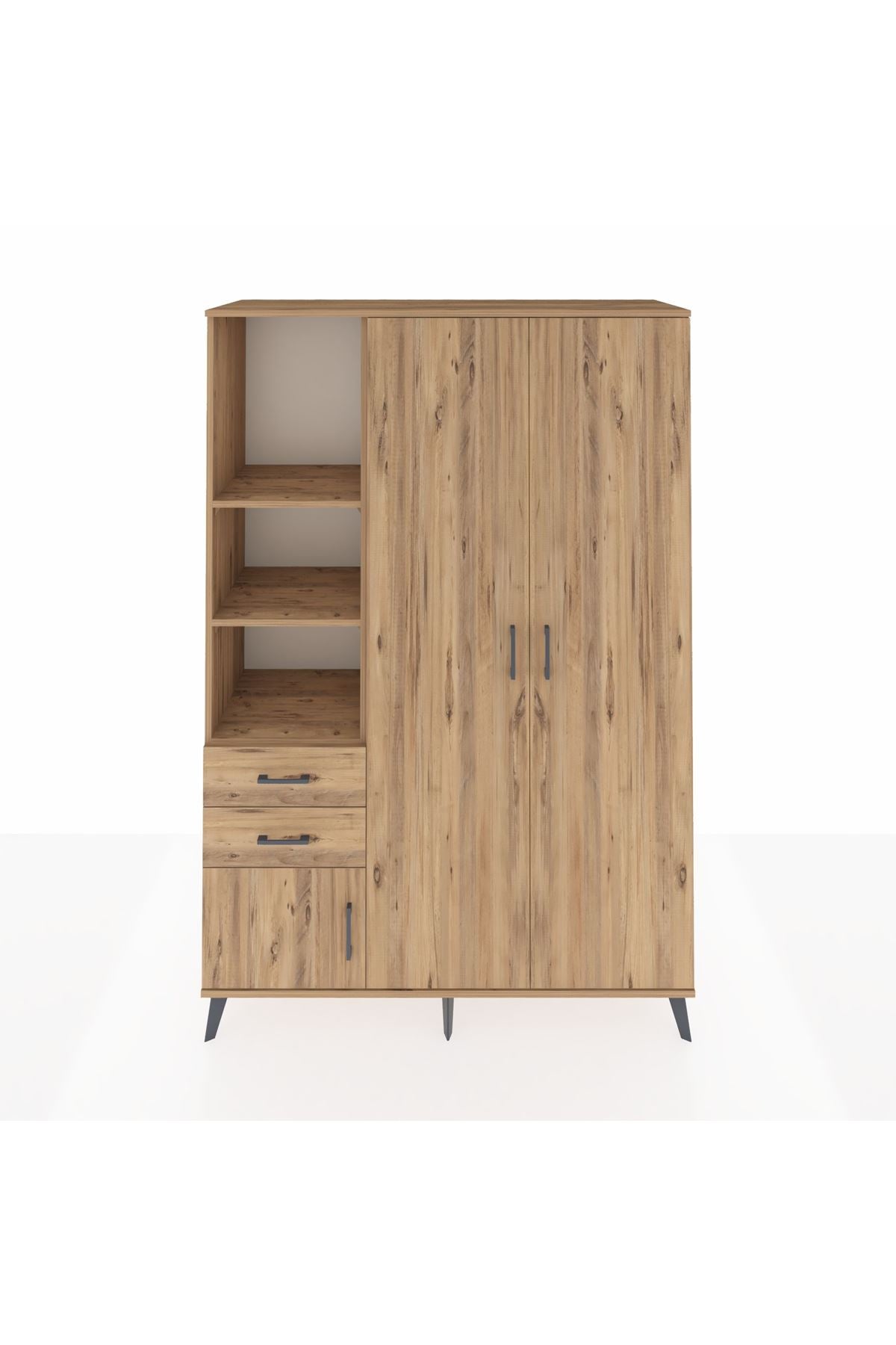 Hyperion Dolap 5 Raflı 2 Çekmeceli Tek Askılı 132x44x195 Çam-Çam/Çam