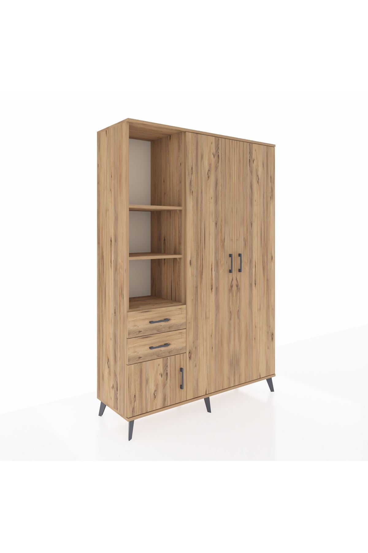 Hyperion Dolap 5 Raflı 2 Çekmeceli Tek Askılı 132x44x195 Çam-Çam/Çam