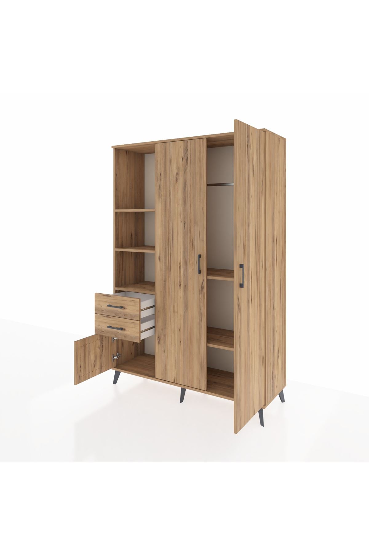 Hyperion Dolap 5 Raflı 2 Çekmeceli Tek Askılı 132x44x195 Çam-Çam/Çam