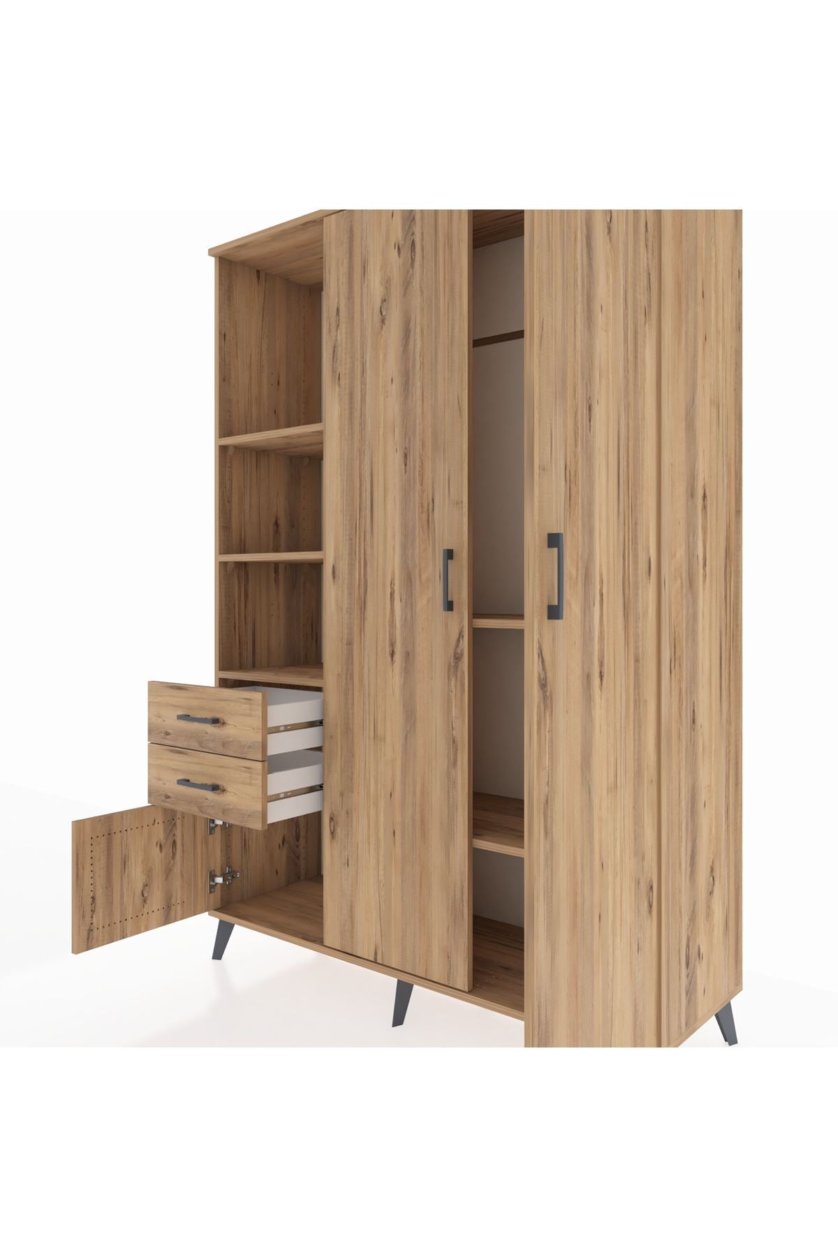 Hyperion Dolap 5 Raflı 2 Çekmeceli Tek Askılı 132x44x195 Çam-Çam/Çam