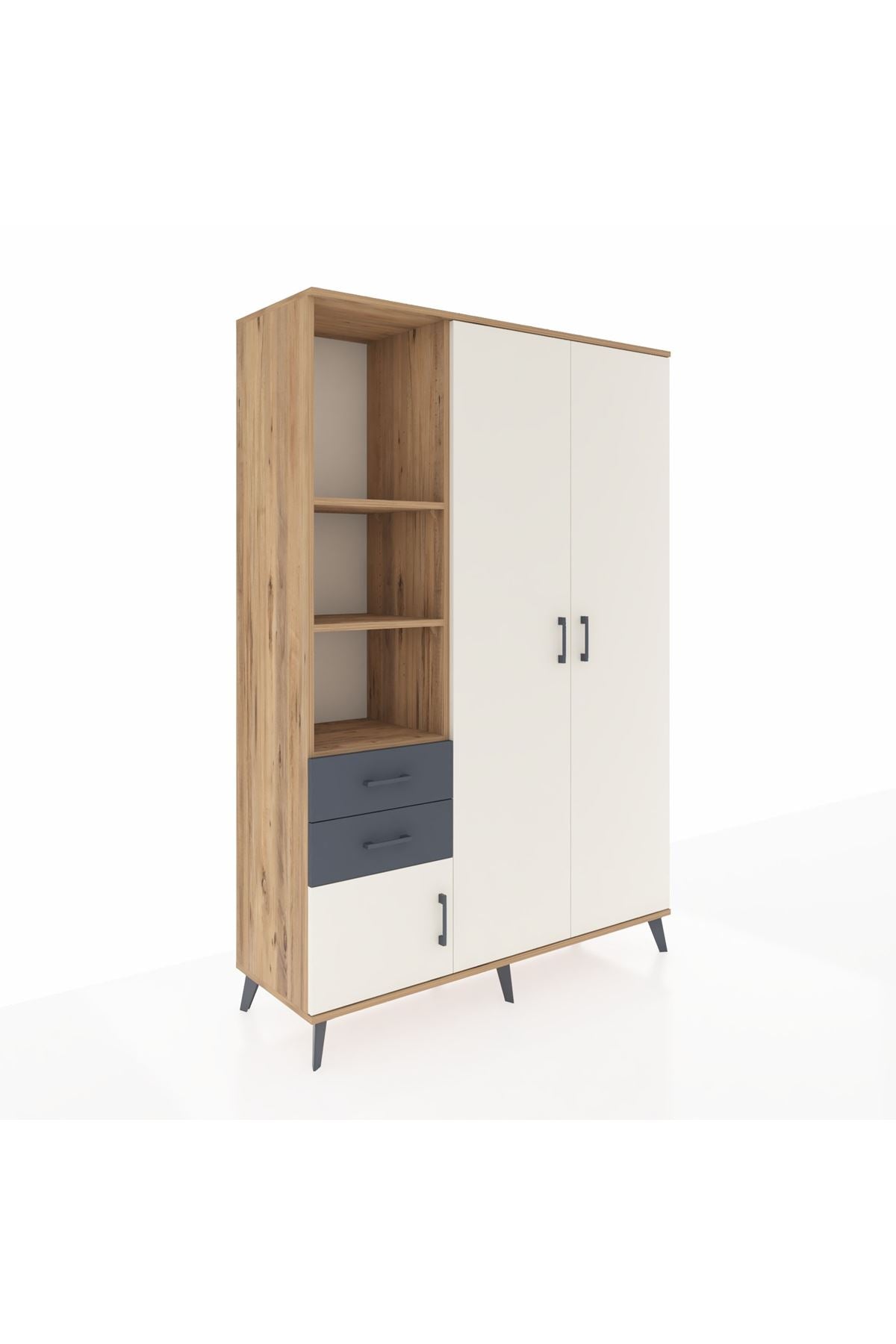 Hyperion Dolap 5 Raflı 2 Çekmeceli Tek Askılı 132x44x195 Çam-Aytaşı/Antrasit