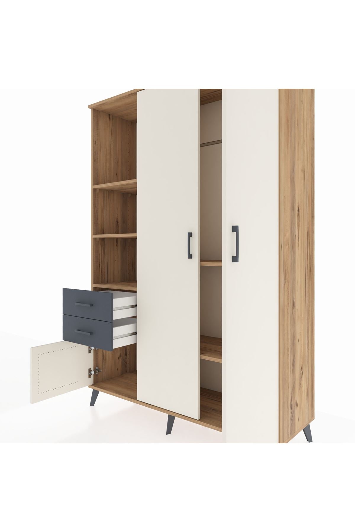 Hyperion Dolap 5 Raflı 2 Çekmeceli Tek Askılı 132x44x195 Çam-Aytaşı/Antrasit