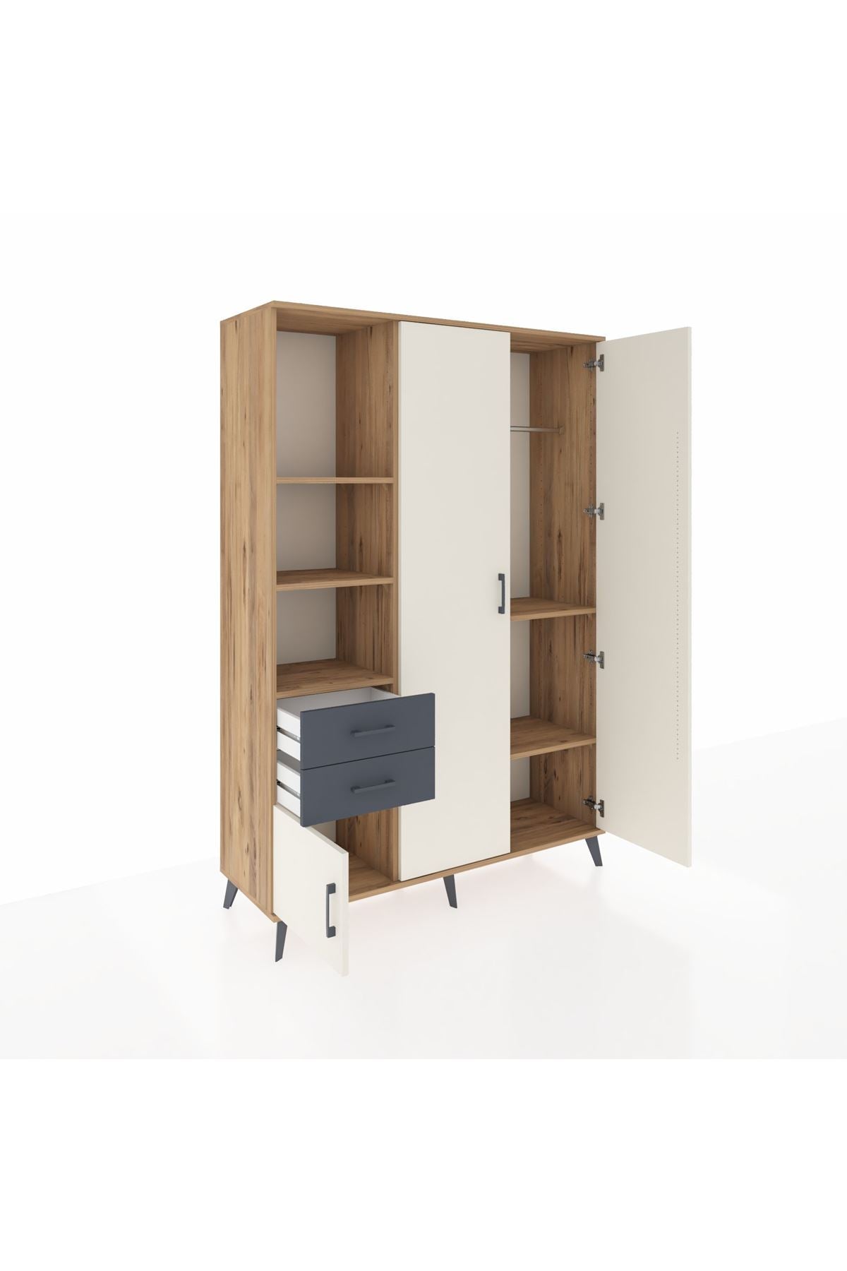 Hyperion Dolap 5 Raflı 2 Çekmeceli Tek Askılı 132x44x195 Çam-Aytaşı/Antrasit