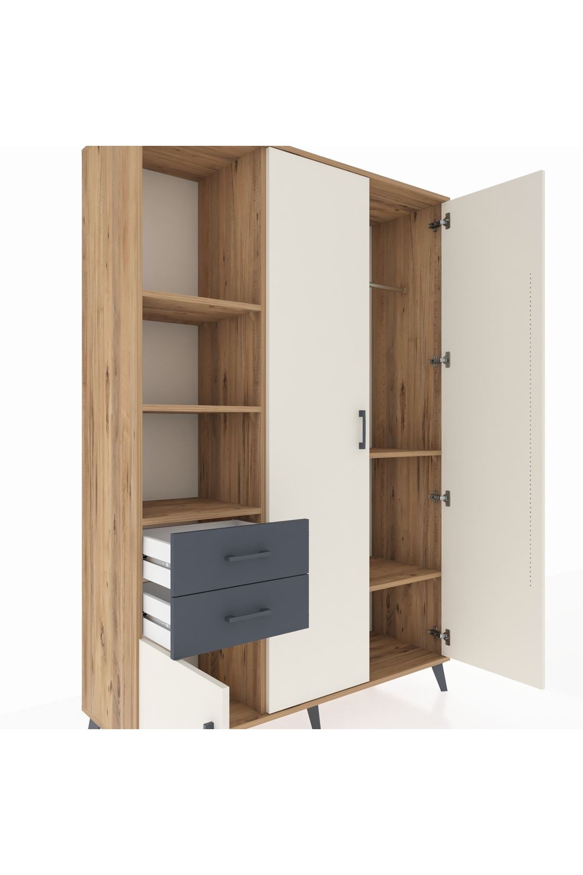 Hyperion Dolap 5 Raflı 2 Çekmeceli Tek Askılı 132x44x195 Çam-Aytaşı/Antrasit