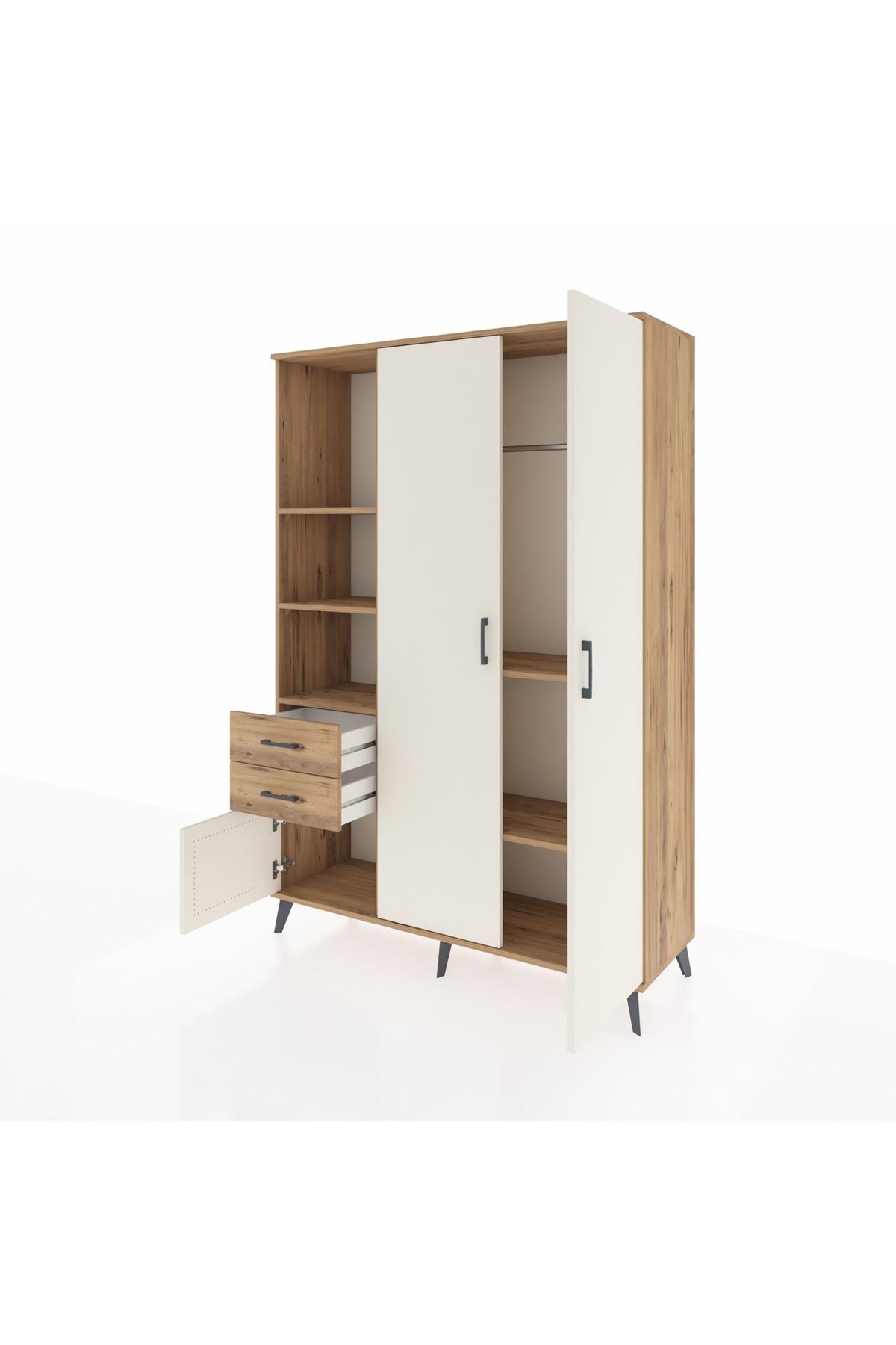 Hyperion Dolap 5 Raflı 2 Çekmeceli Tek Askılı 132x44x195 Çam-Aytaşı/Çam