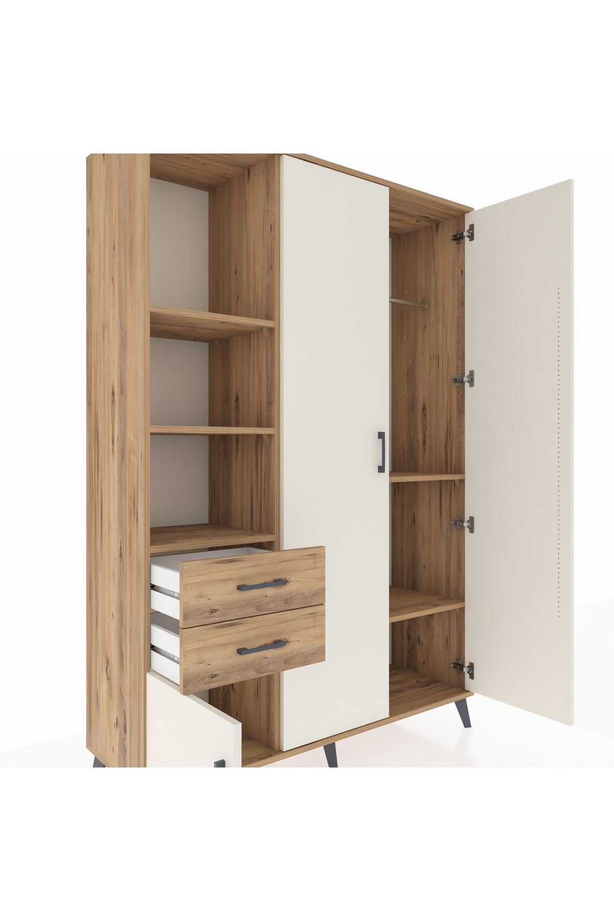 Hyperion Dolap 5 Raflı 2 Çekmeceli Tek Askılı 132x44x195 Çam-Aytaşı/Çam