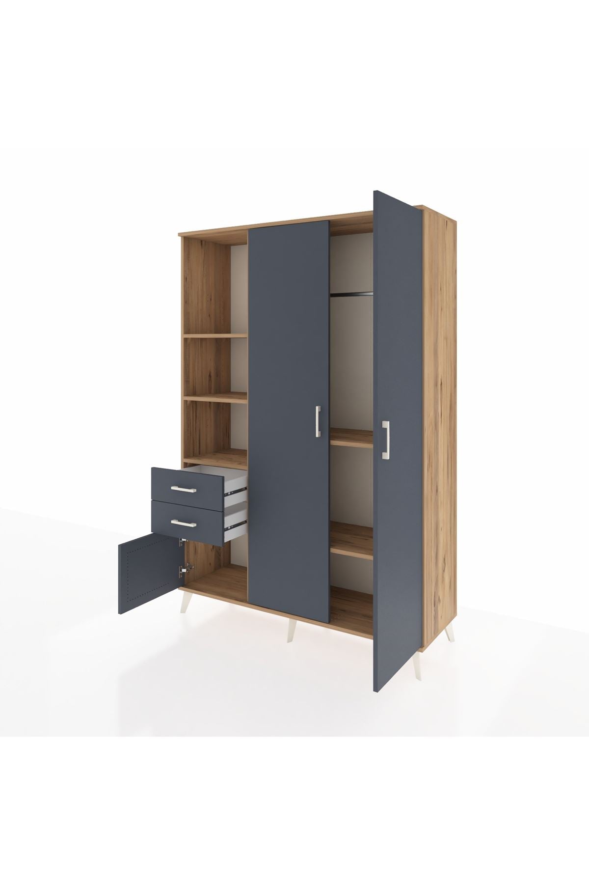 Hyperion Dolap 5 Raflı 2 Çekmeceli Tek Askılı 132x44x195 Çam-Antrasit/Antrasit