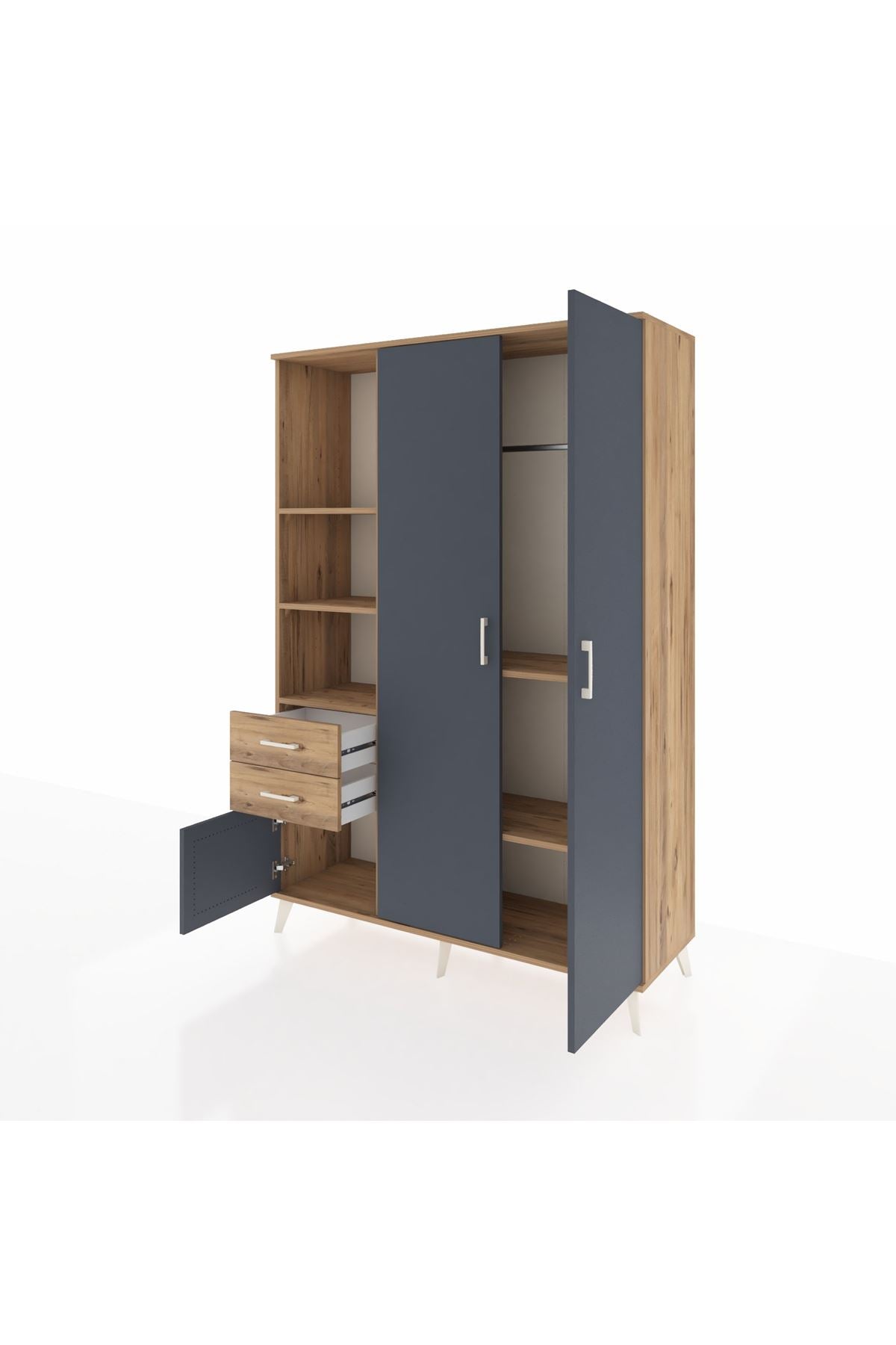 Hyperion Dolap 5 Raflı 2 Çekmeceli Tek Askılı 132x44x195 Çam-Antrasit/Çam