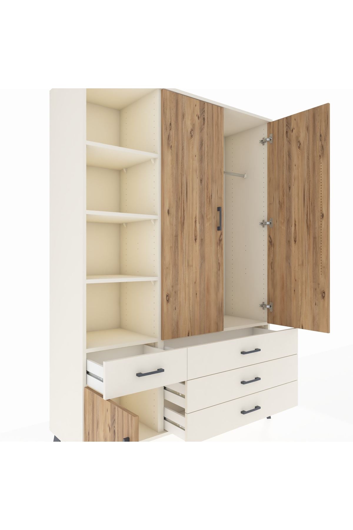 Hyperion Dolap 5 Raflı 4 Çekmeceli Tek Askılı 132x44x195 Aytaşı-Çam/Aytaşı