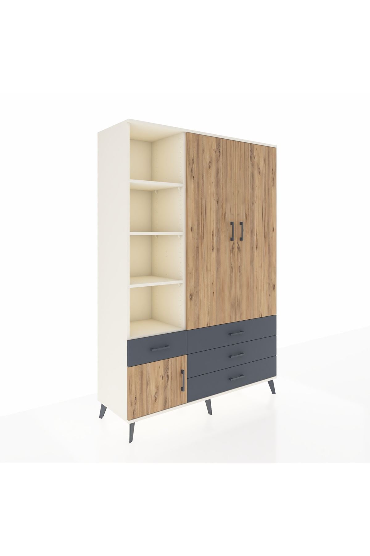 Hyperion Dolap 5 Raflı 4 Çekmeceli Tek Askılı 132x44x195 Aytaşı-Çam/Antrasit