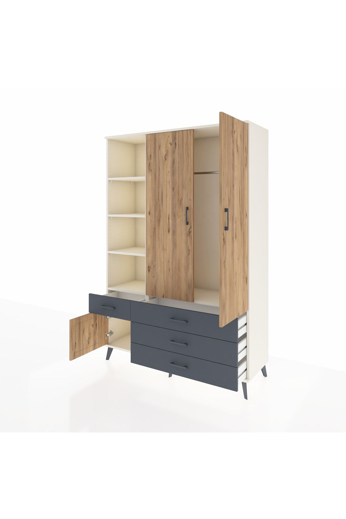 Hyperion Dolap 5 Raflı 4 Çekmeceli Tek Askılı 132x44x195 Aytaşı-Çam/Antrasit