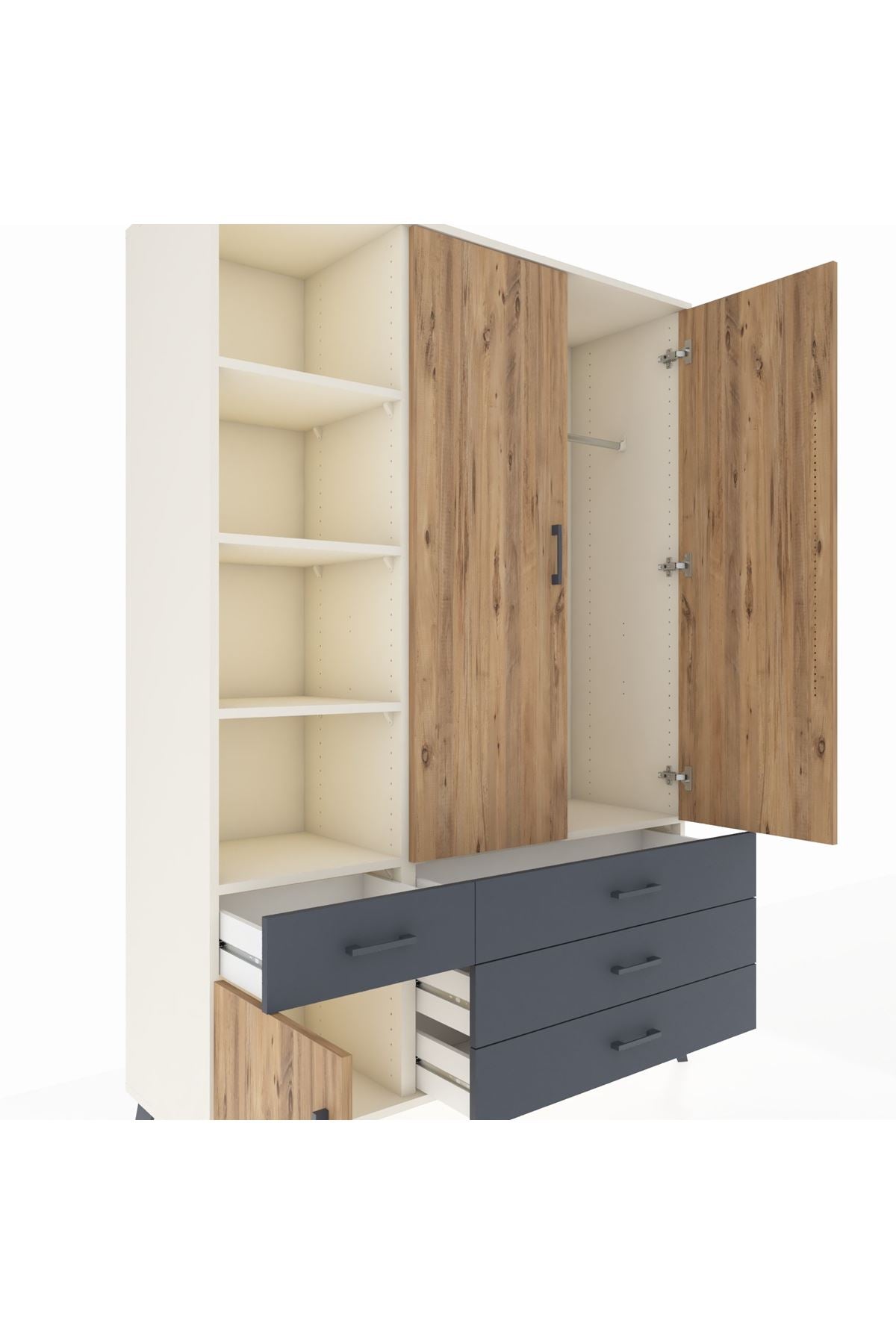 Hyperion Dolap 5 Raflı 4 Çekmeceli Tek Askılı 132x44x195 Aytaşı-Çam/Antrasit