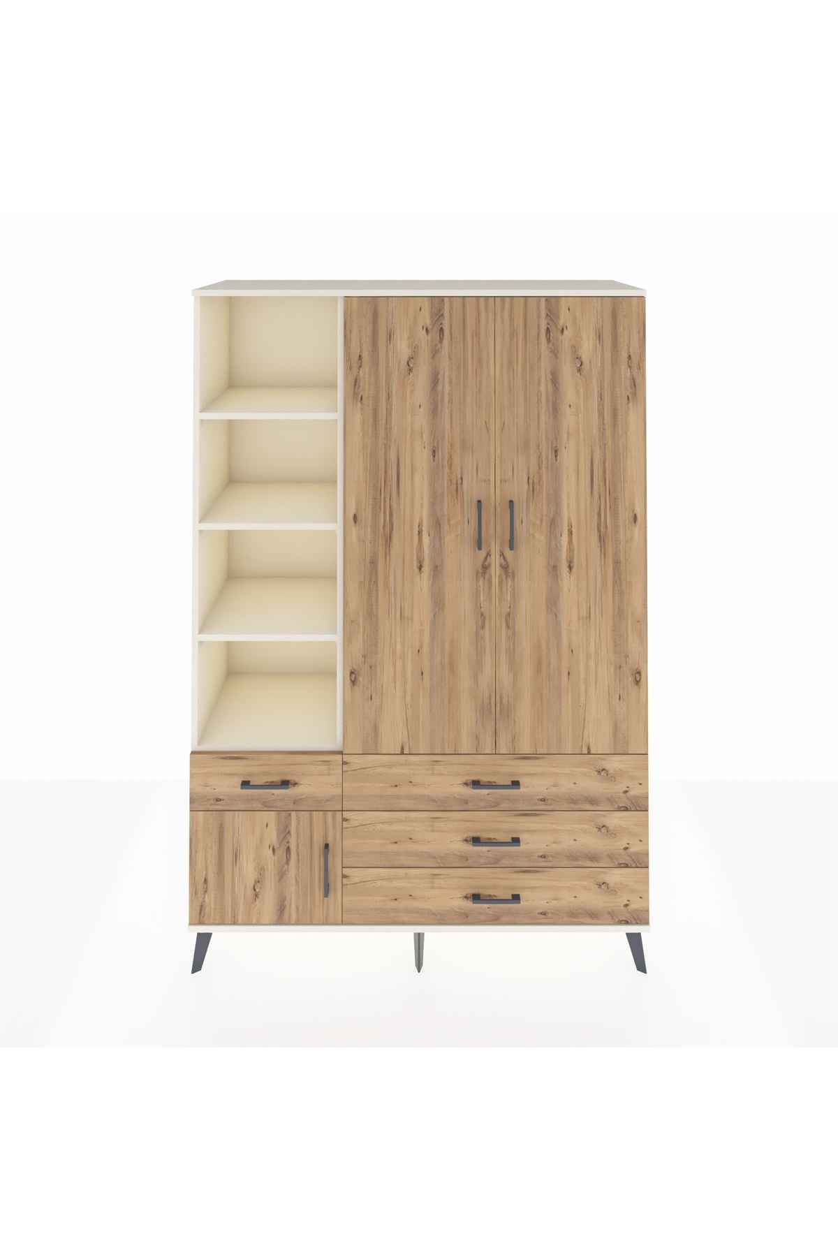 Hyperion Dolap 5 Raflı 4 Çekmeceli Tek Askılı 132x44x195 Aytaşı-Çam/Çam