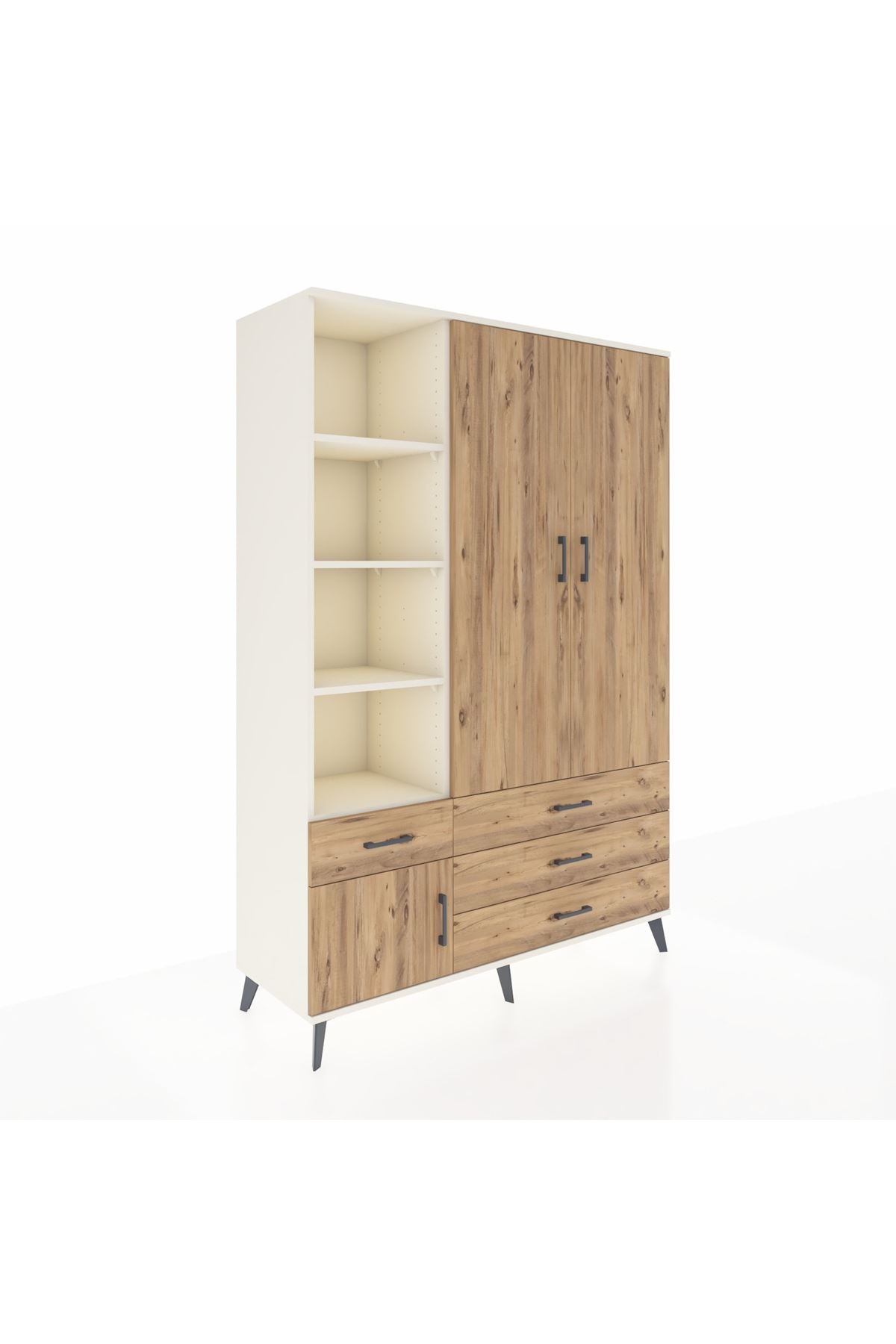 Hyperion Dolap 5 Raflı 4 Çekmeceli Tek Askılı 132x44x195 Aytaşı-Çam/Çam