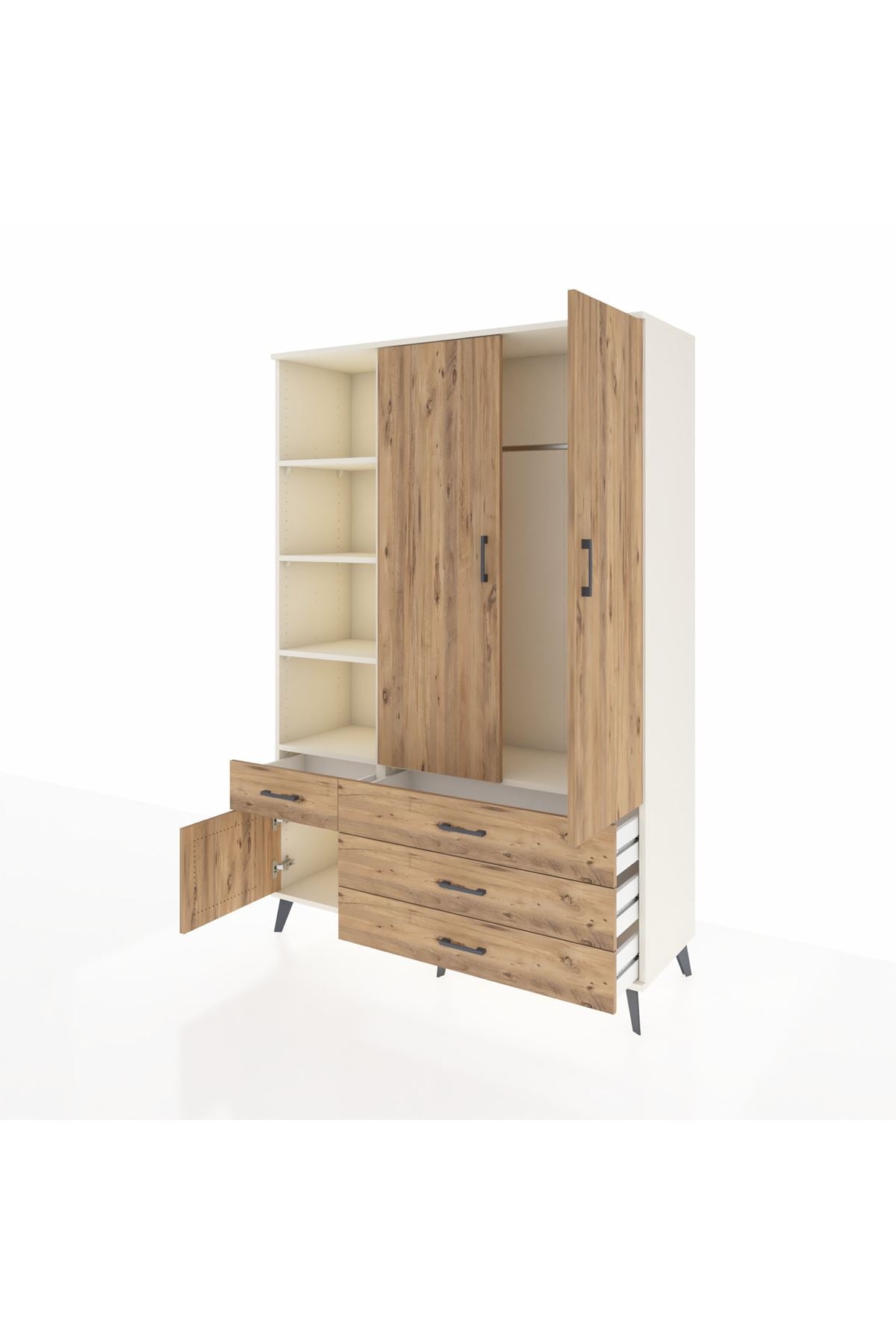 Hyperion Dolap 5 Raflı 4 Çekmeceli Tek Askılı 132x44x195 Aytaşı-Çam/Çam