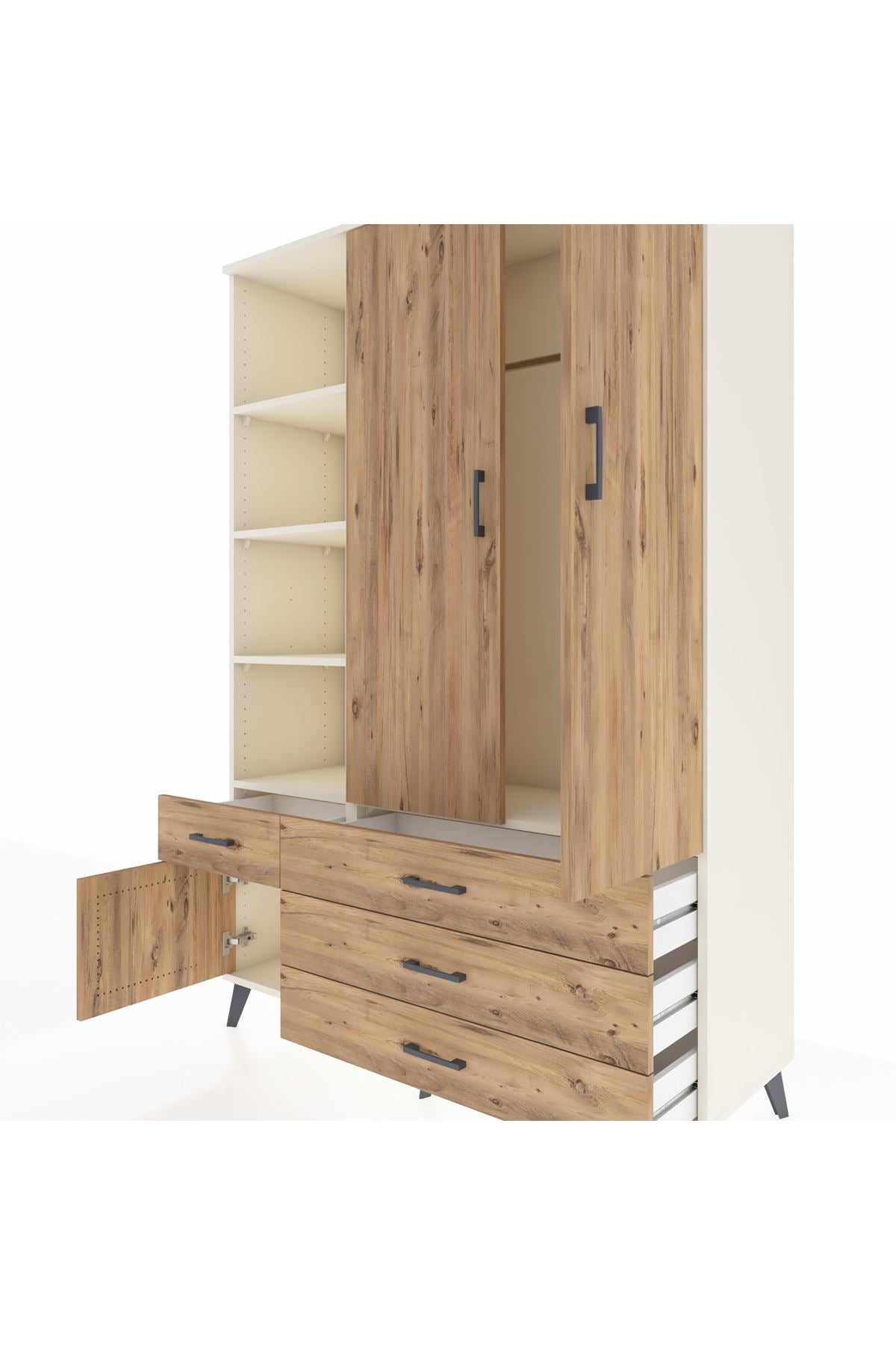 Hyperion Dolap 5 Raflı 4 Çekmeceli Tek Askılı 132x44x195 Aytaşı-Çam/Çam