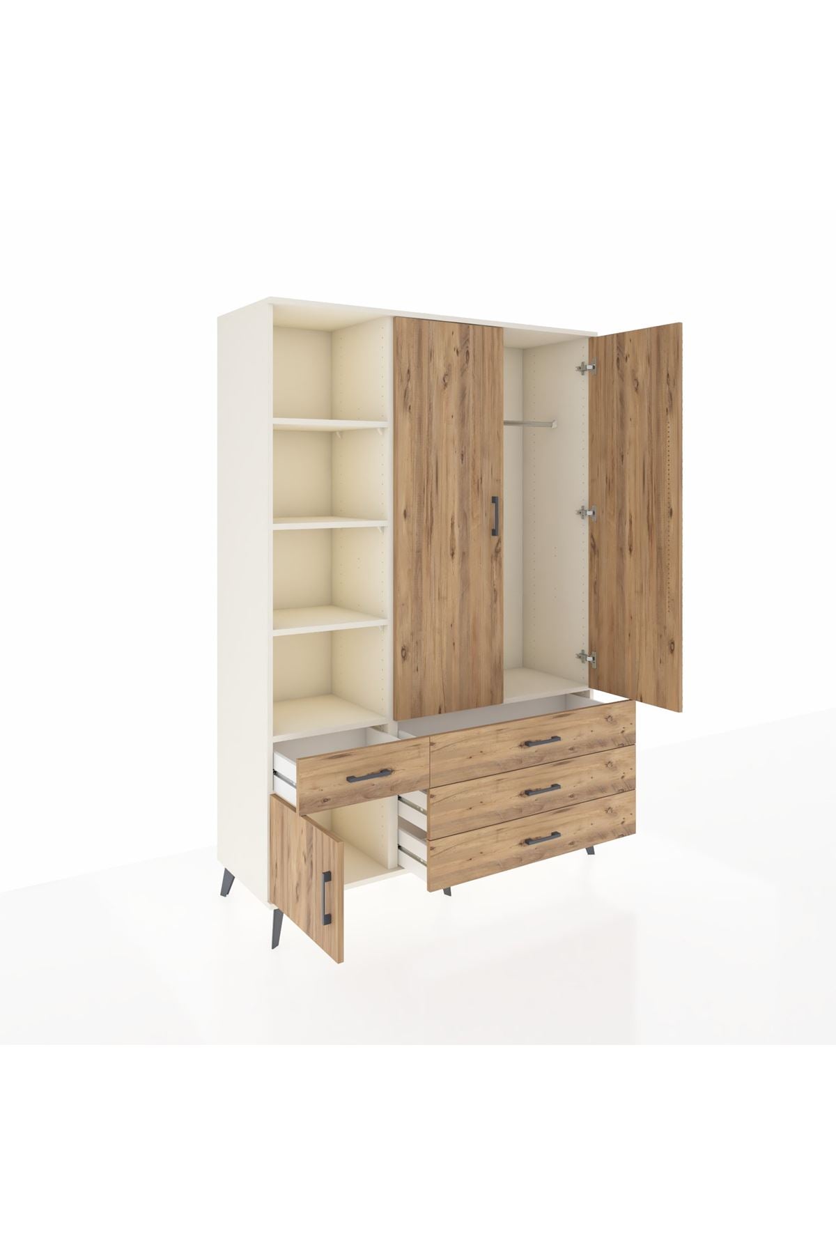 Hyperion Dolap 5 Raflı 4 Çekmeceli Tek Askılı 132x44x195 Aytaşı-Çam/Çam