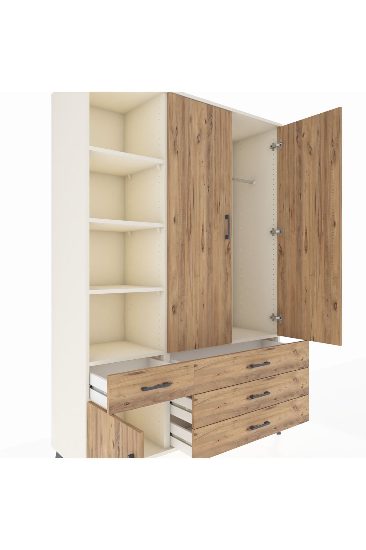 Hyperion Dolap 5 Raflı 4 Çekmeceli Tek Askılı 132x44x195 Aytaşı-Çam/Çam