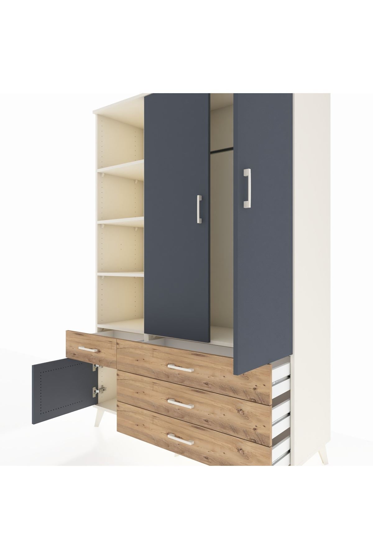 Hyperion Dolap 5 Raflı 4 Çekmeceli Tek Askılı 132x44x195 Aytaşı-Antrasit/Çam