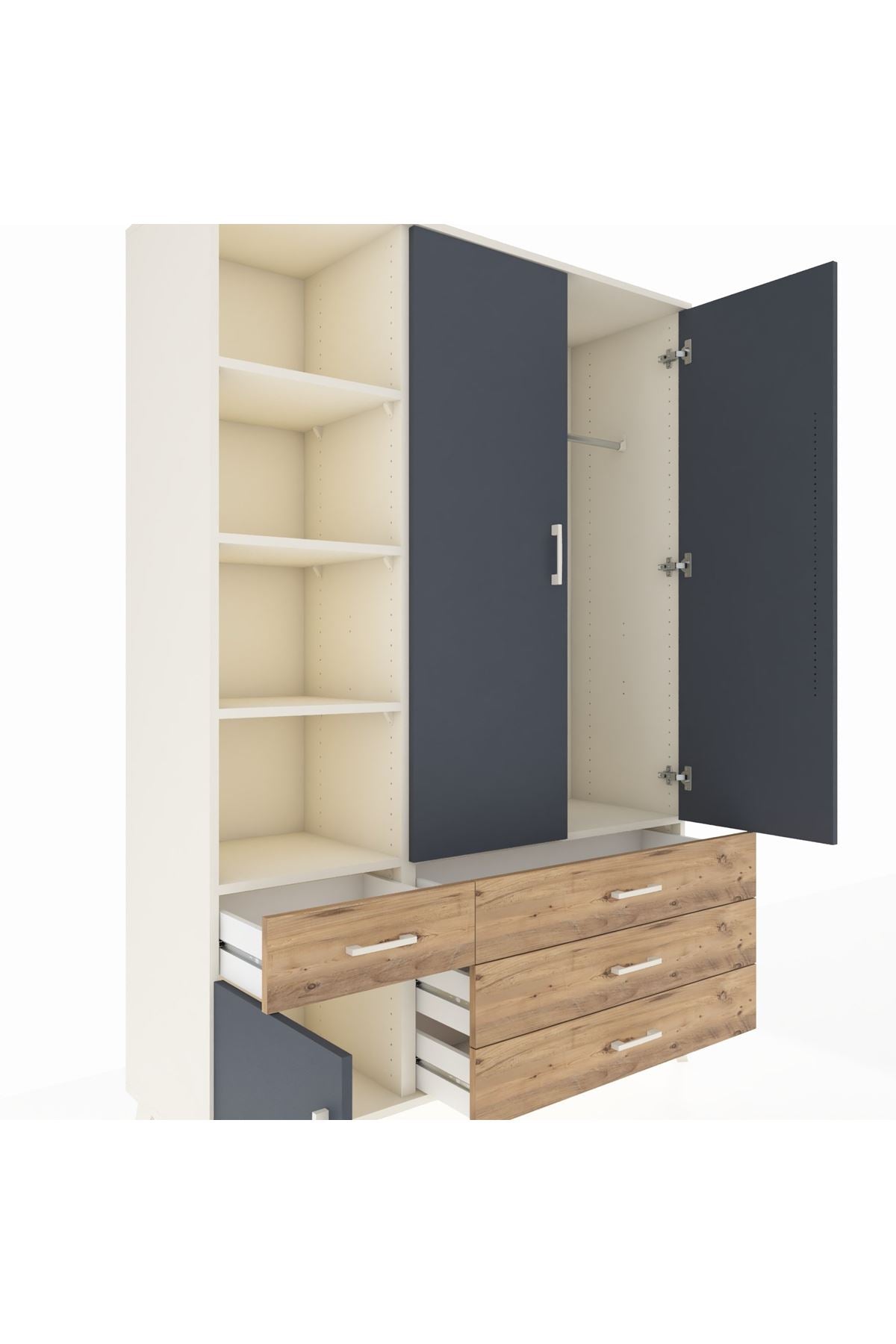 Hyperion Dolap 5 Raflı 4 Çekmeceli Tek Askılı 132x44x195 Aytaşı-Antrasit/Çam