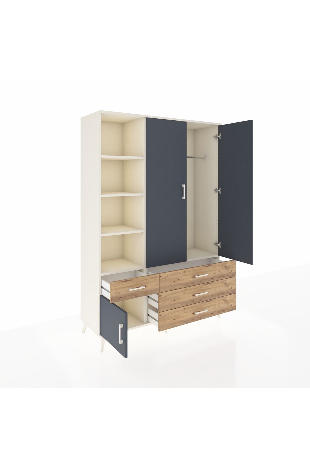 Hyperion Dolap 5 Raflı 4 Çekmeceli Tek Askılı 132x44x195 Aytaşı-Antrasit/Çam