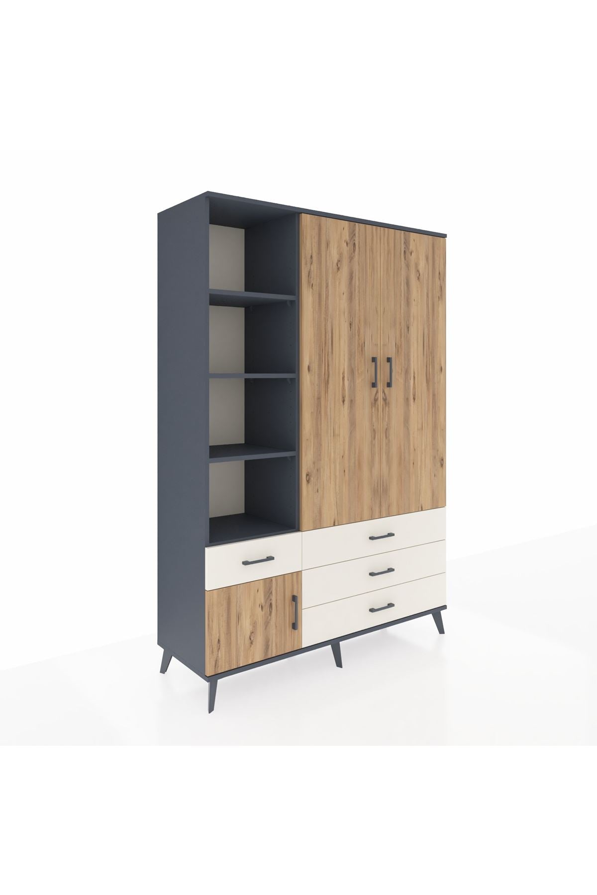 Hyperion Dolap 5 Raflı 4 Çekmeceli Tek Askılı 132x44x195 Antrasit-Çam/Aytaşı
