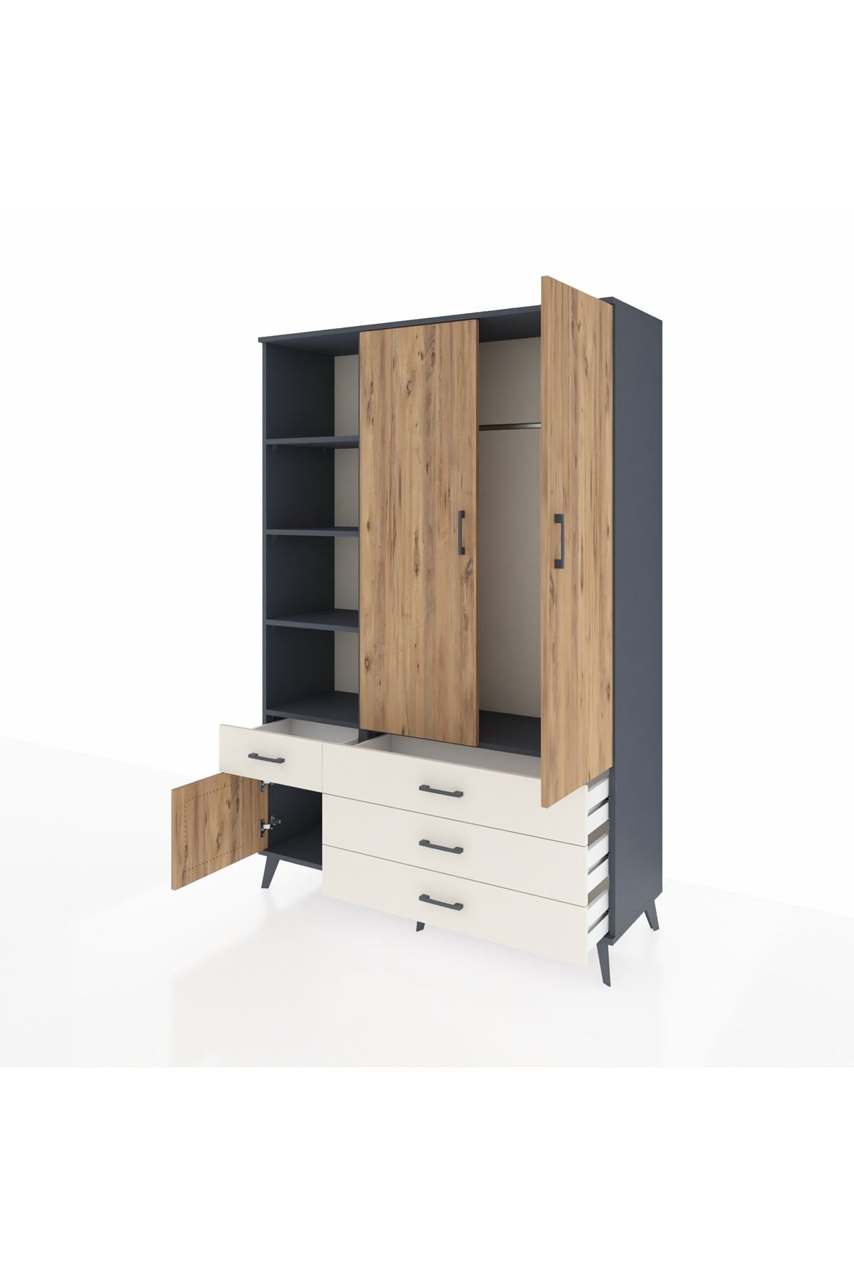 Hyperion Dolap 5 Raflı 4 Çekmeceli Tek Askılı 132x44x195 Antrasit-Çam/Aytaşı