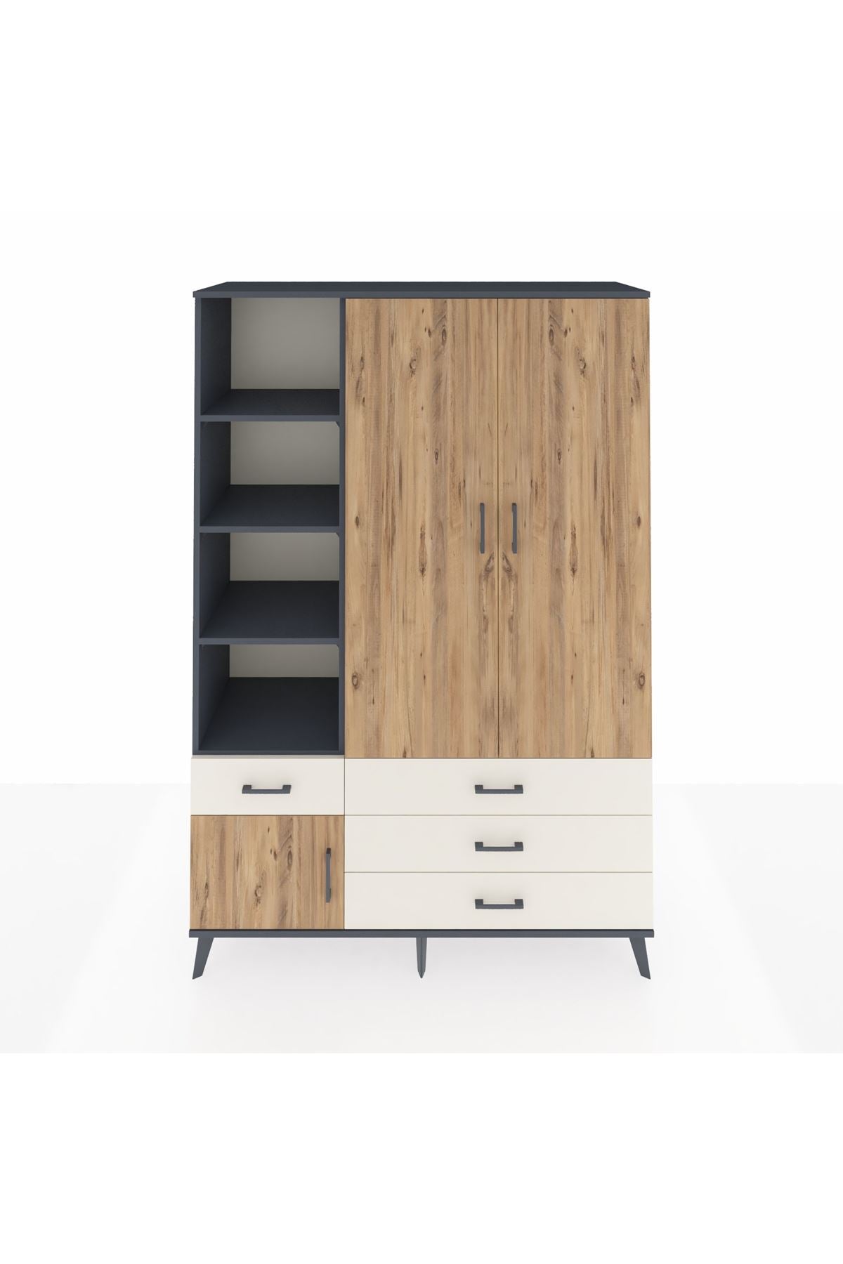 Hyperion Dolap 5 Raflı 4 Çekmeceli Tek Askılı 132x44x195 Antrasit-Çam/Aytaşı