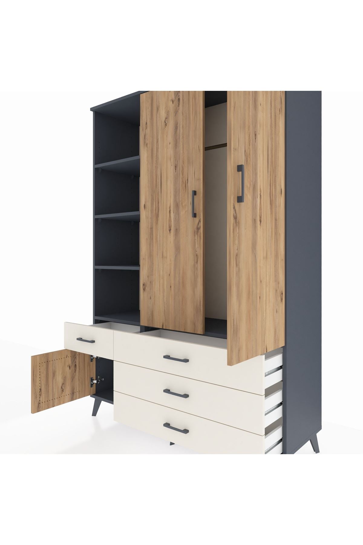 Hyperion Dolap 5 Raflı 4 Çekmeceli Tek Askılı 132x44x195 Antrasit-Çam/Aytaşı