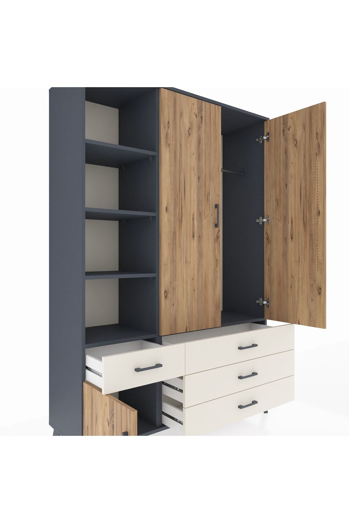 Hyperion Dolap 5 Raflı 4 Çekmeceli Tek Askılı 132x44x195 Antrasit-Çam/Aytaşı