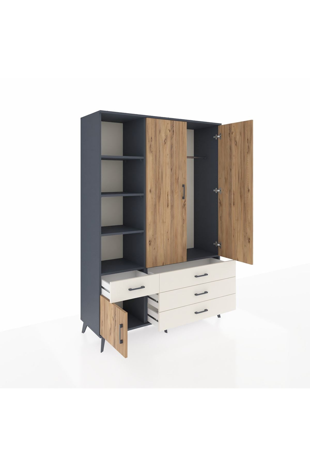 Hyperion Dolap 5 Raflı 4 Çekmeceli Tek Askılı 132x44x195 Antrasit-Çam/Aytaşı