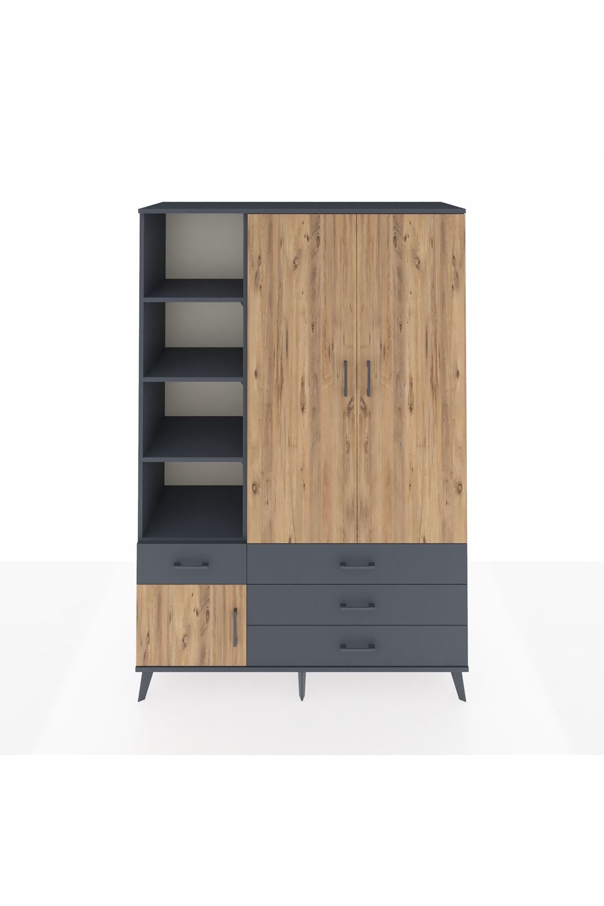 Hyperion Dolap 5 Raflı 4 Çekmeceli Tek Askılı 132x44x195 Antrasit-Çam/Antrasit