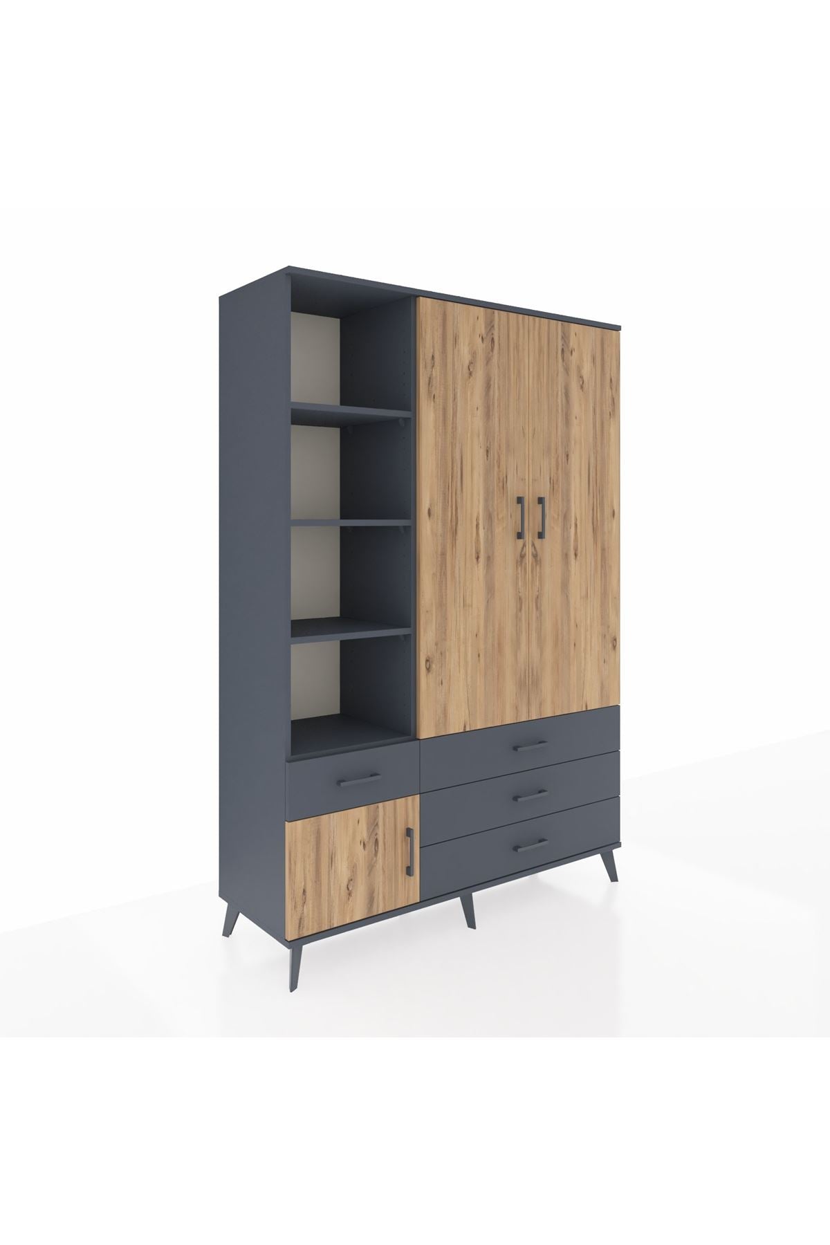 Hyperion Dolap 5 Raflı 4 Çekmeceli Tek Askılı 132x44x195 Antrasit-Çam/Antrasit