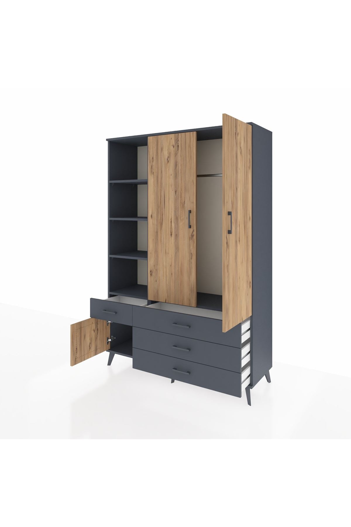 Hyperion Dolap 5 Raflı 4 Çekmeceli Tek Askılı 132x44x195 Antrasit-Çam/Antrasit