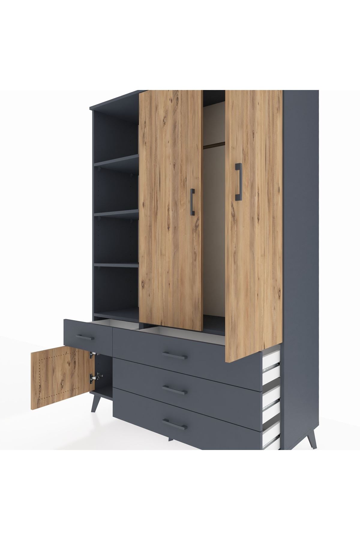 Hyperion Dolap 5 Raflı 4 Çekmeceli Tek Askılı 132x44x195 Antrasit-Çam/Antrasit