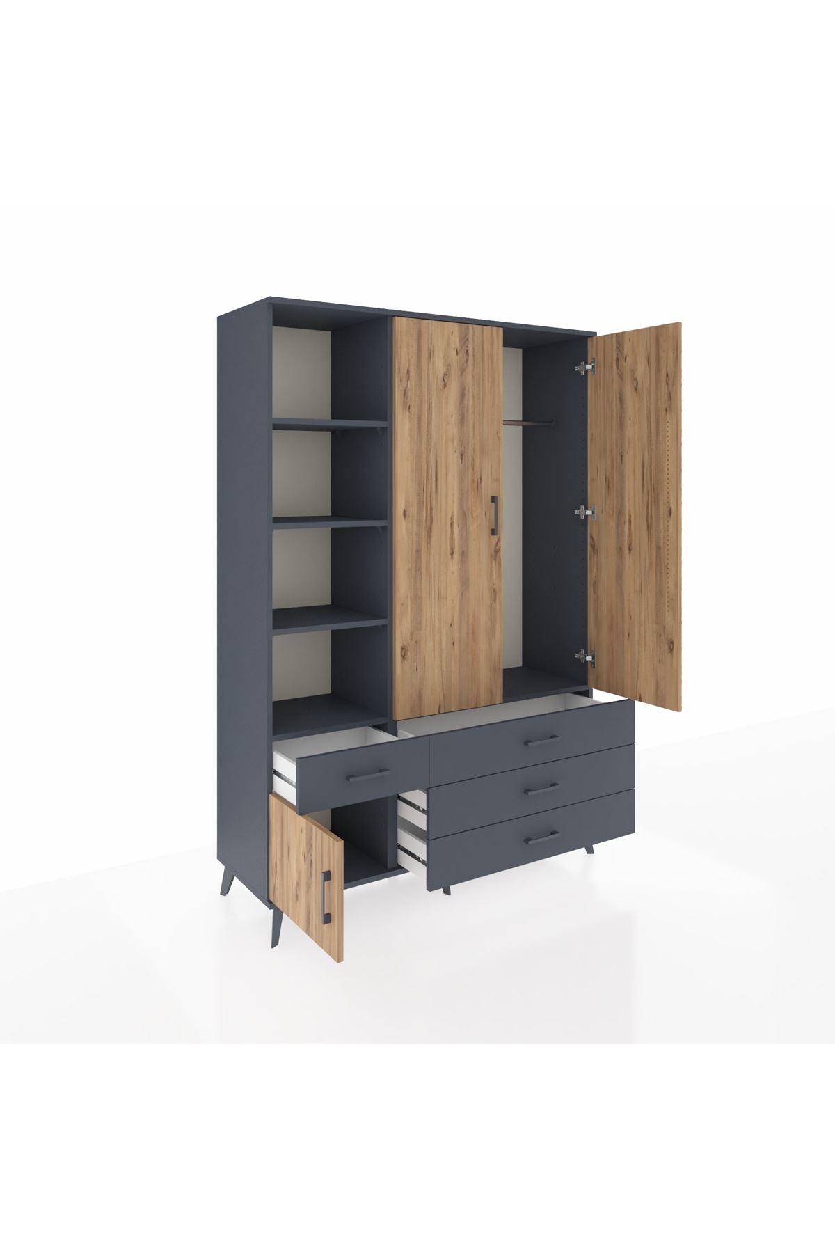 Hyperion Dolap 5 Raflı 4 Çekmeceli Tek Askılı 132x44x195 Antrasit-Çam/Antrasit