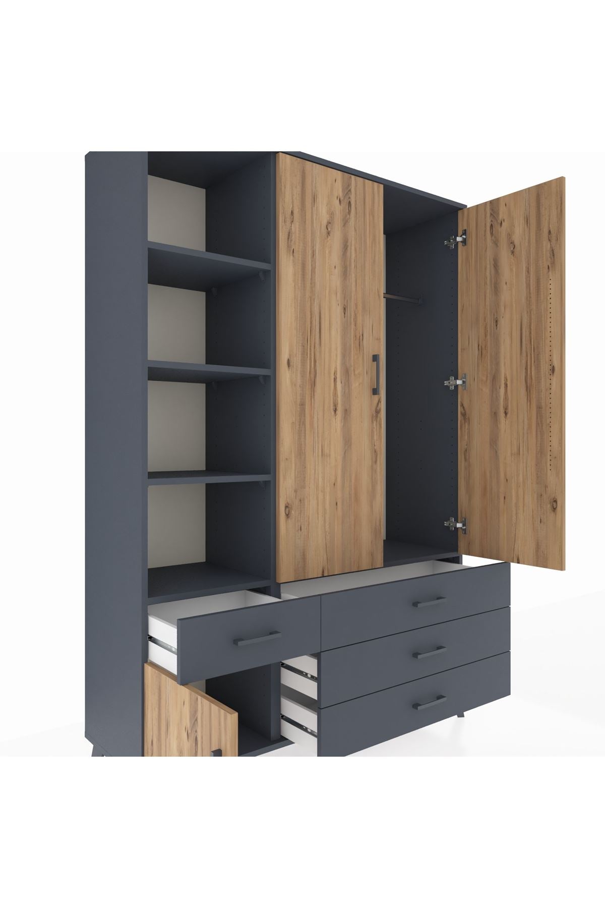 Hyperion Dolap 5 Raflı 4 Çekmeceli Tek Askılı 132x44x195 Antrasit-Çam/Antrasit