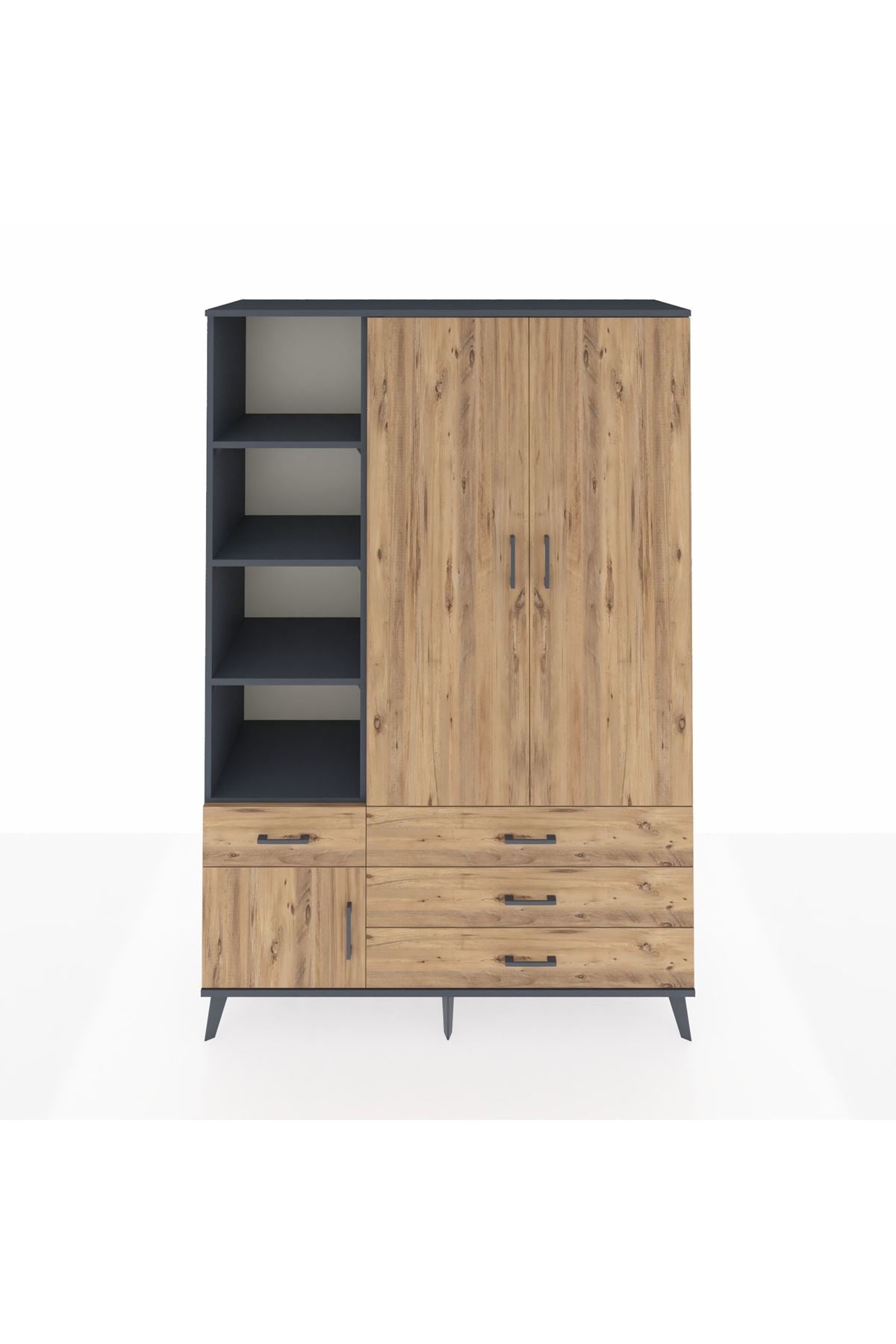 Hyperion Dolap 5 Raflı 4 Çekmeceli Tek Askılı 132x44x195 Antrasit-Çam/Çam