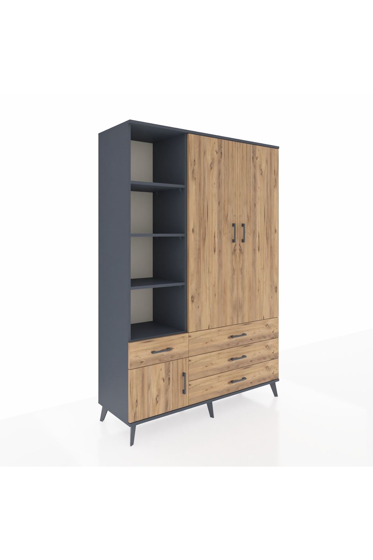 Hyperion Dolap 5 Raflı 4 Çekmeceli Tek Askılı 132x44x195 Antrasit-Çam/Çam