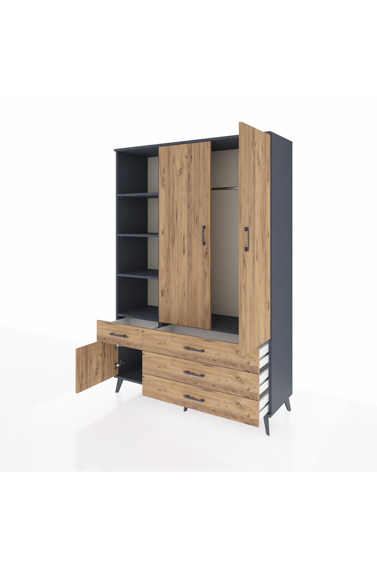 Hyperion Dolap 5 Raflı 4 Çekmeceli Tek Askılı 132x44x195 Antrasit-Çam/Çam