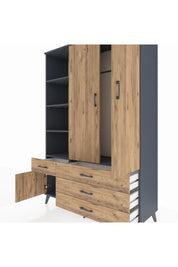 Hyperion Dolap 5 Raflı 4 Çekmeceli Tek Askılı 132x44x195 Antrasit-Çam/Çam