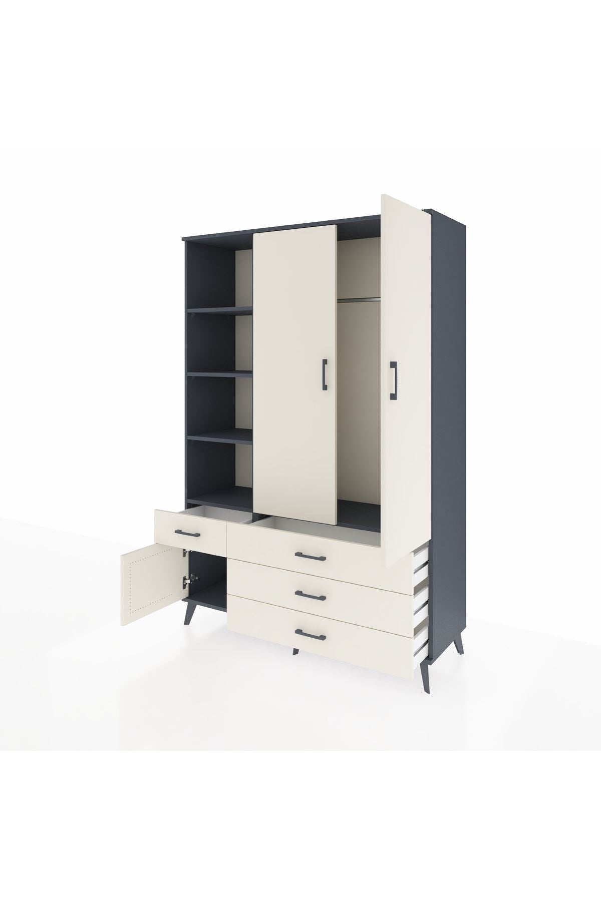 Hyperion Dolap 5 Raflı 4 Çekmeceli Tek Askılı 132x44x195 Antrasit-Aytaşı/Aytaşı