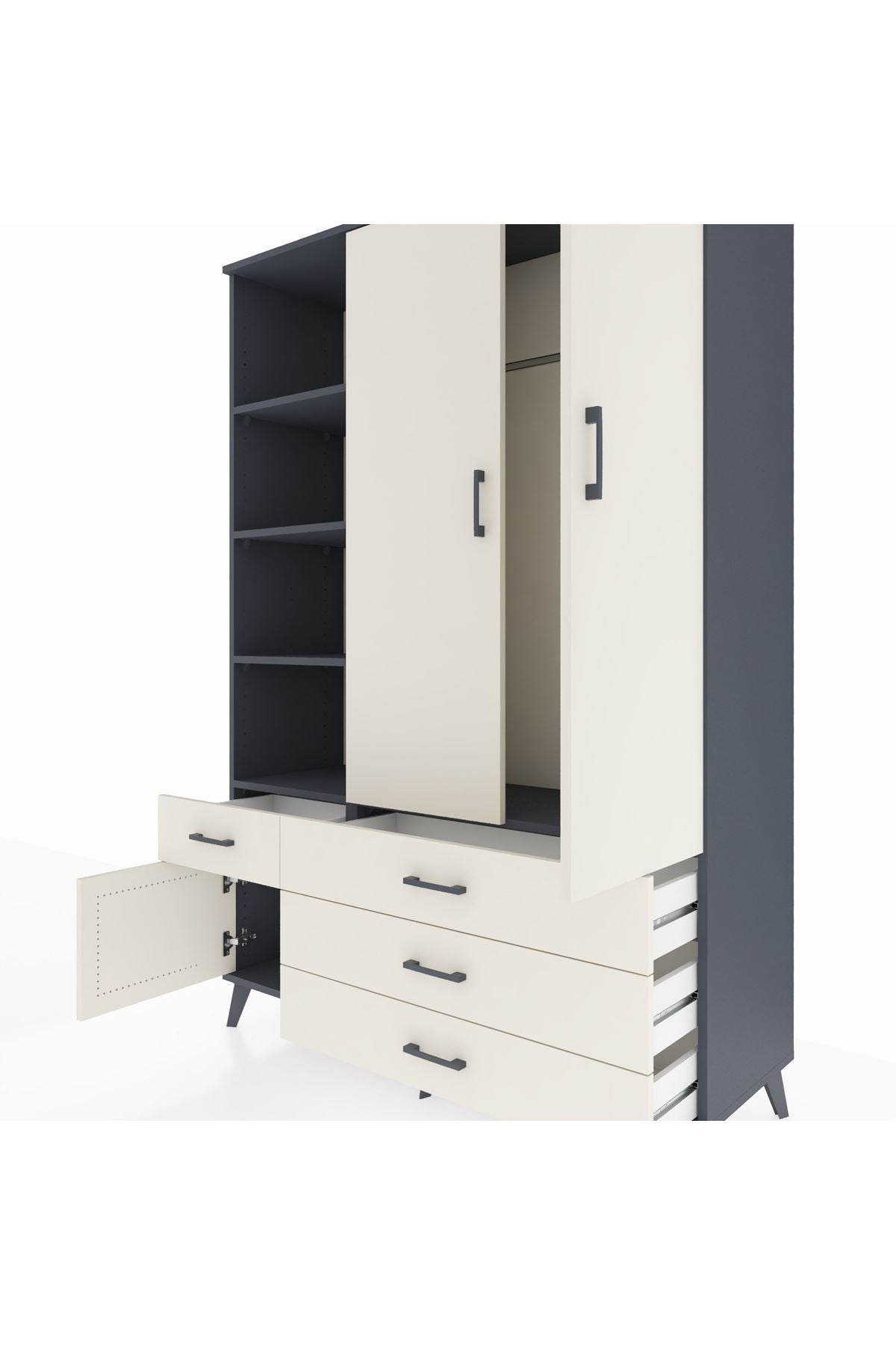 Hyperion Dolap 5 Raflı 4 Çekmeceli Tek Askılı 132x44x195 Antrasit-Aytaşı/Aytaşı